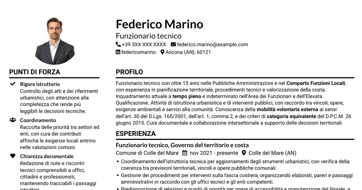 7 modelli di CV per Funzionario tecnico - Governo del territorio e valorizzazione della costa, con esempi