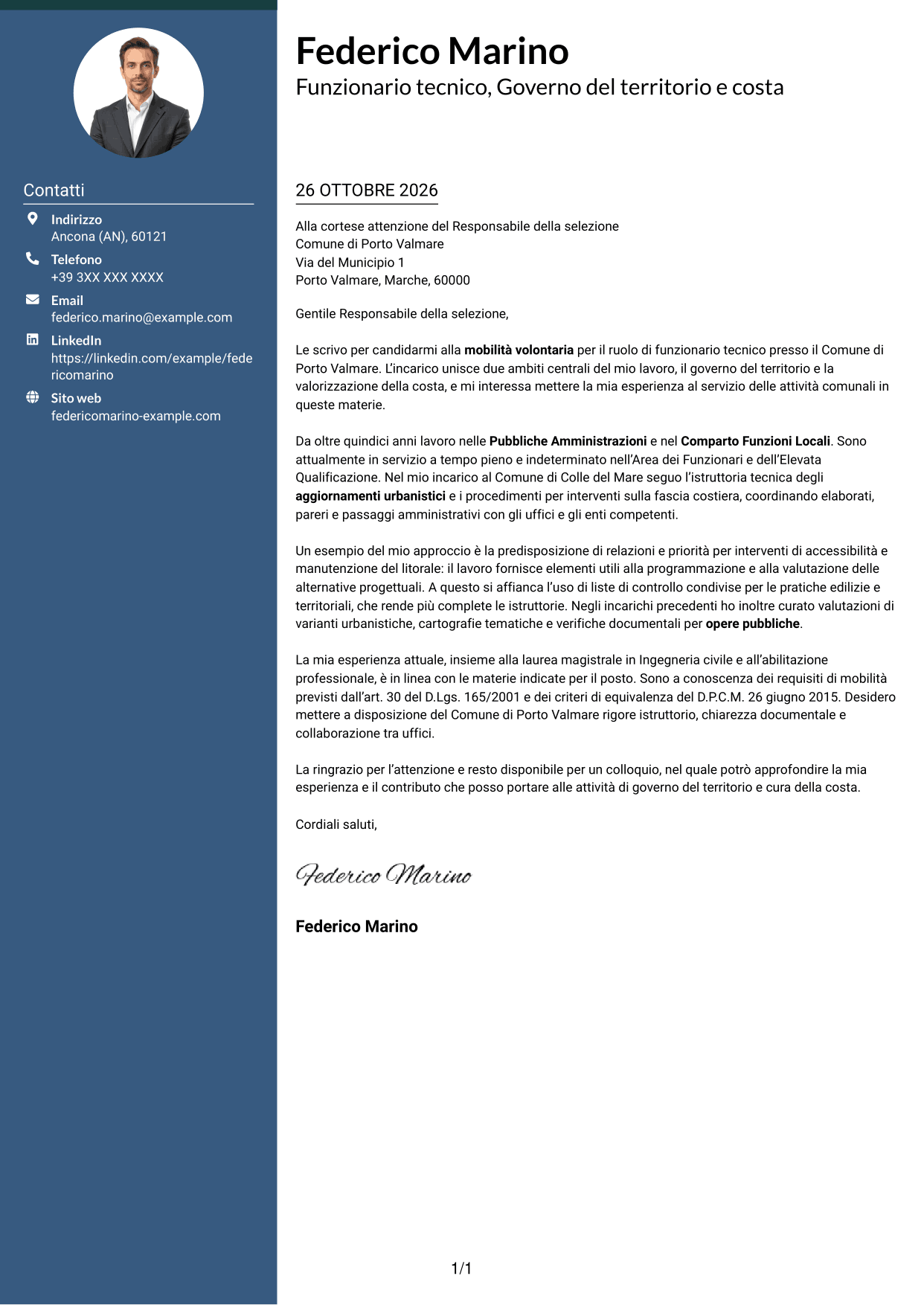 Lettera di presentazione Elegante (formato con colonna laterale colorata e foto): Funzionario tecnico - Governo del territorio e valorizzazione della costa, pagina 1