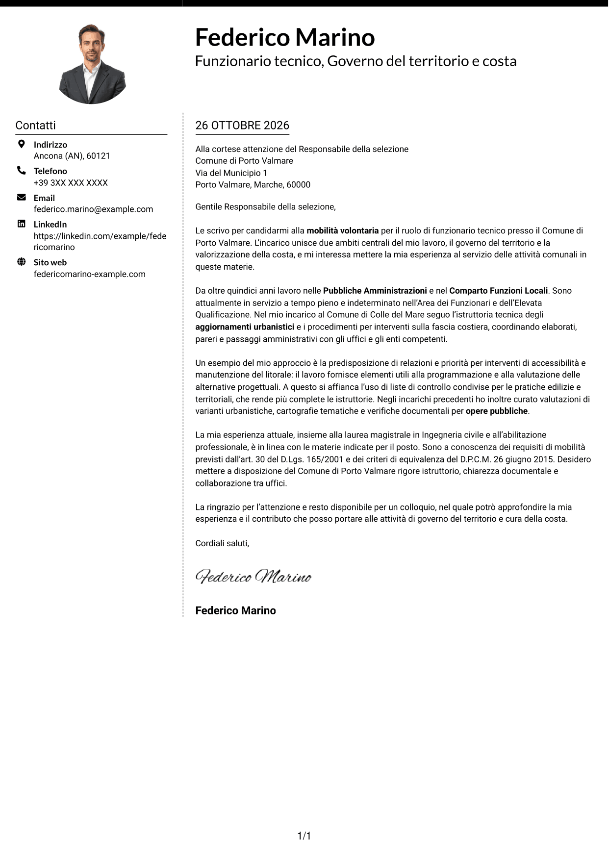 Lettera di presentazione Moderno (formato a due colonne con foto a sinistra e separatore): Funzionario tecnico - Governo del territorio e valorizzazione della costa, pagina 1