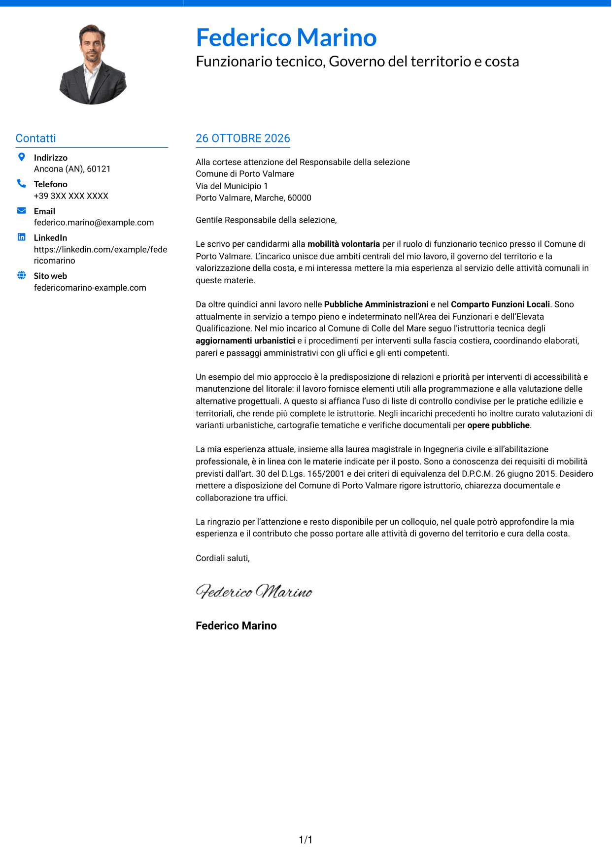 Lettera di presentazione Audace (formato a due colonne con accenti colorati e foto): Funzionario tecnico - Governo del territorio e valorizzazione della costa, pagina 1