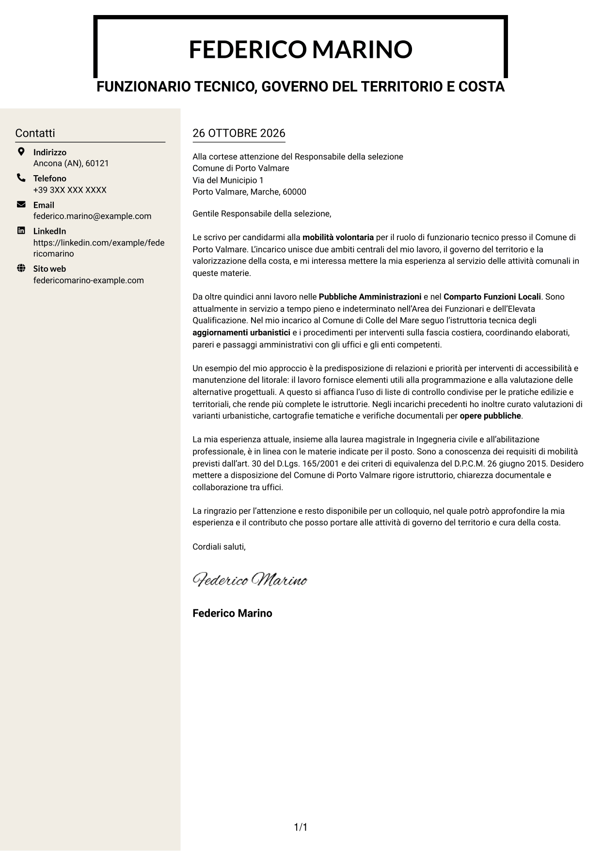 Lettera di presentazione Intraprendente (formato a due colonne con intestazione centrata senza foto): Funzionario tecnico - Governo del territorio e valorizzazione della costa, pagina 1