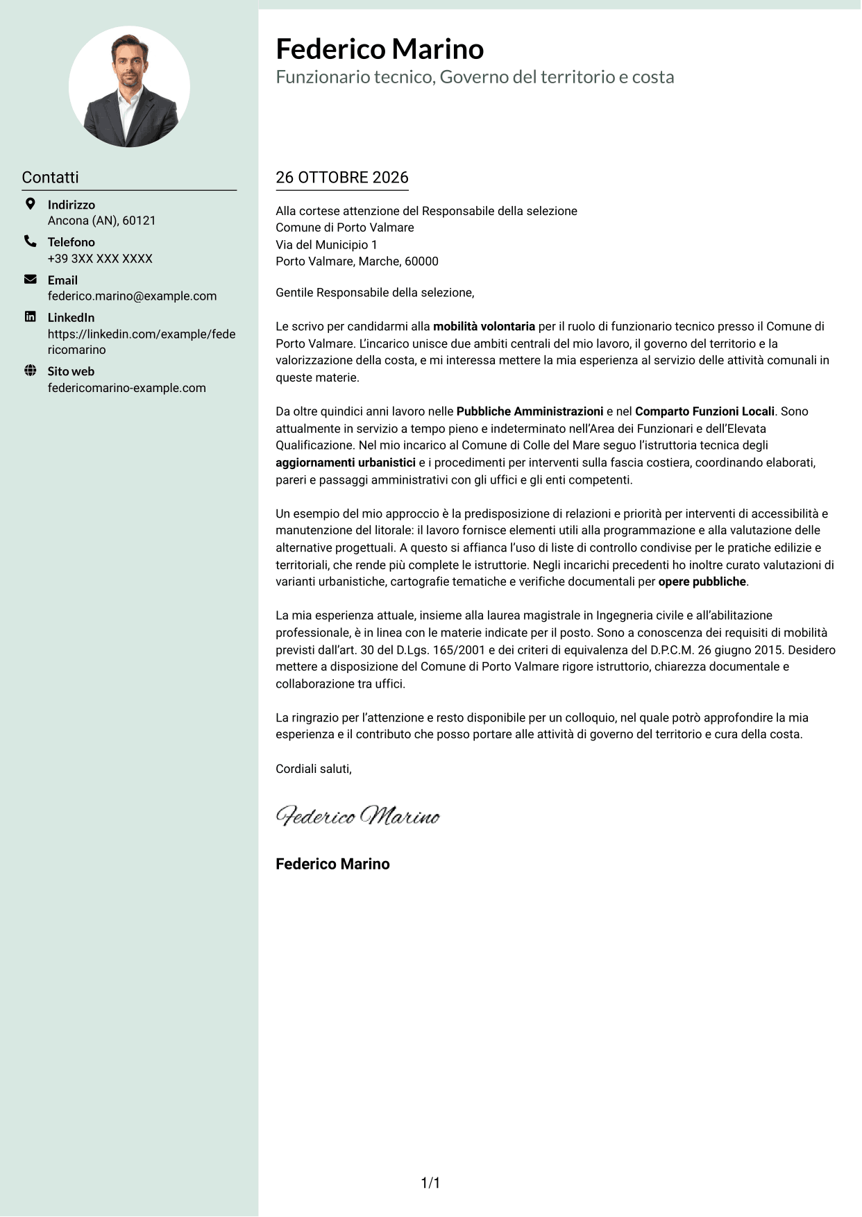 Lettera di presentazione Dirigente (formato con colonna laterale tenue e foto arrotondata): Funzionario tecnico - Governo del territorio e valorizzazione della costa, pagina 1