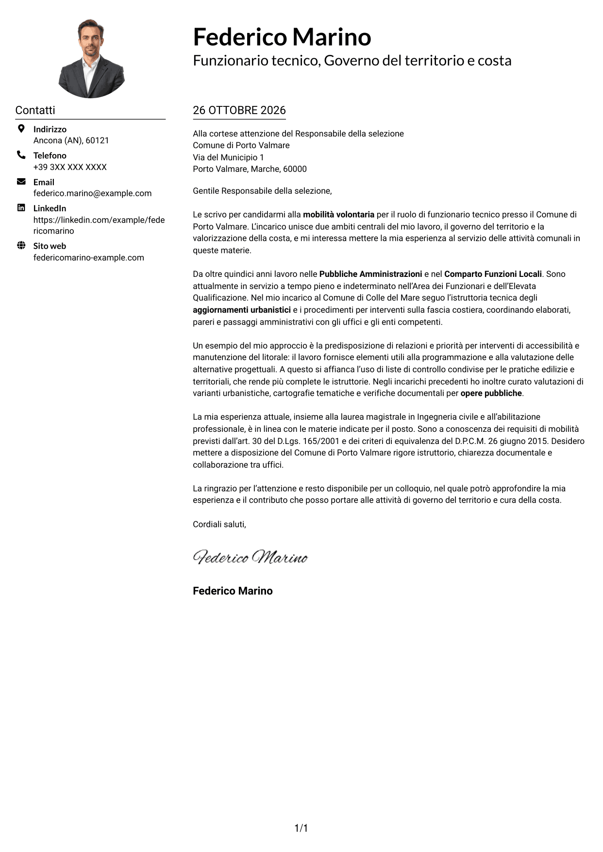 Esempio di lettera di presentazione — pagina 1