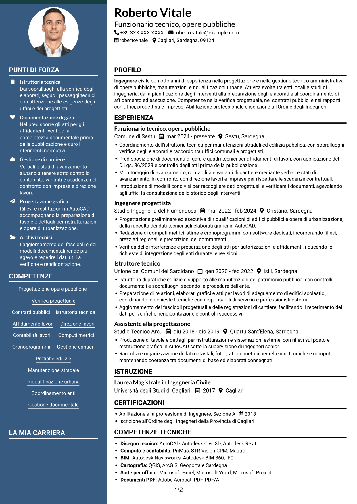 CV Elegante (formato con colonna laterale colorata e foto): Funzionario Tecnico - Ingegneria e Architettura, pagina 1