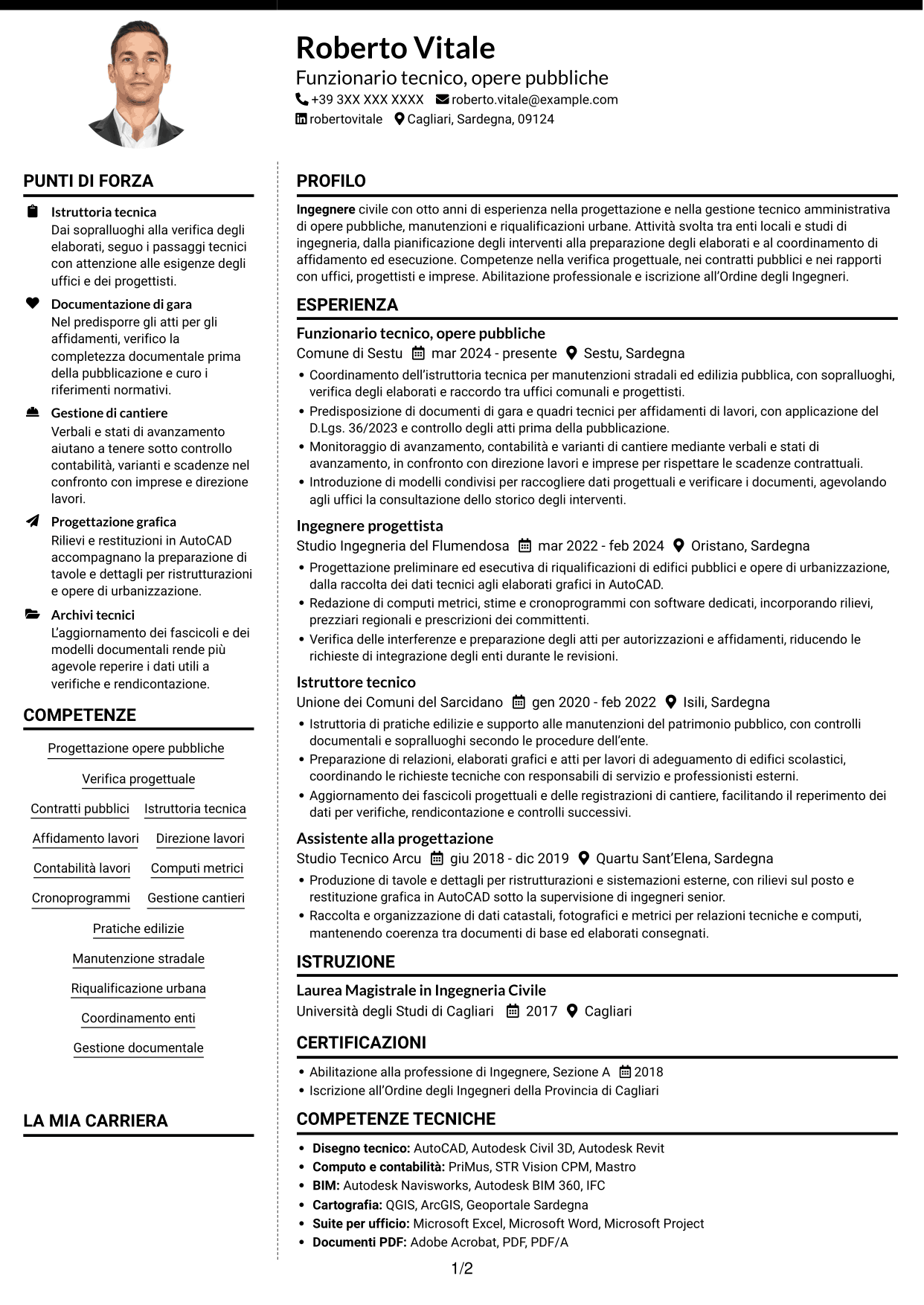 CV Moderno (formato a due colonne con foto a sinistra e separatore): Funzionario Tecnico - Ingegneria e Architettura, pagina 1