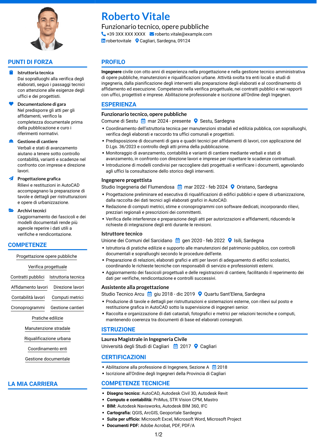 CV Audace (formato a due colonne con accenti colorati e foto): Funzionario Tecnico - Ingegneria e Architettura, pagina 1