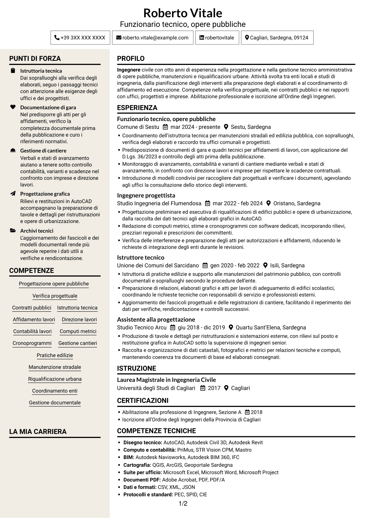 CV Intraprendente (formato a due colonne con intestazione centrata senza foto): Funzionario Tecnico - Ingegneria e Architettura, pagina 1