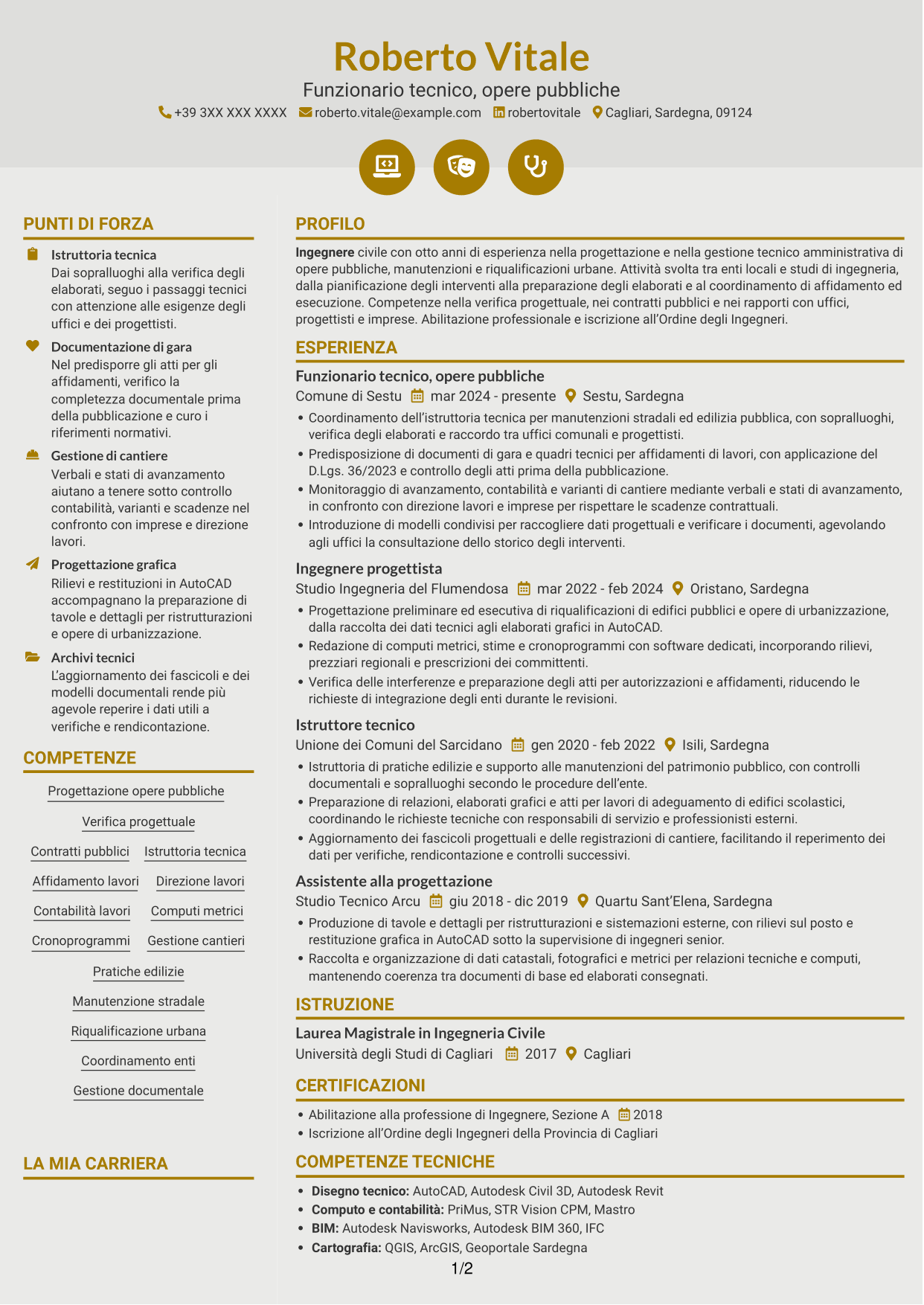 CV Dinamico (formato a due colonne con icone): Funzionario Tecnico - Ingegneria e Architettura, pagina 1