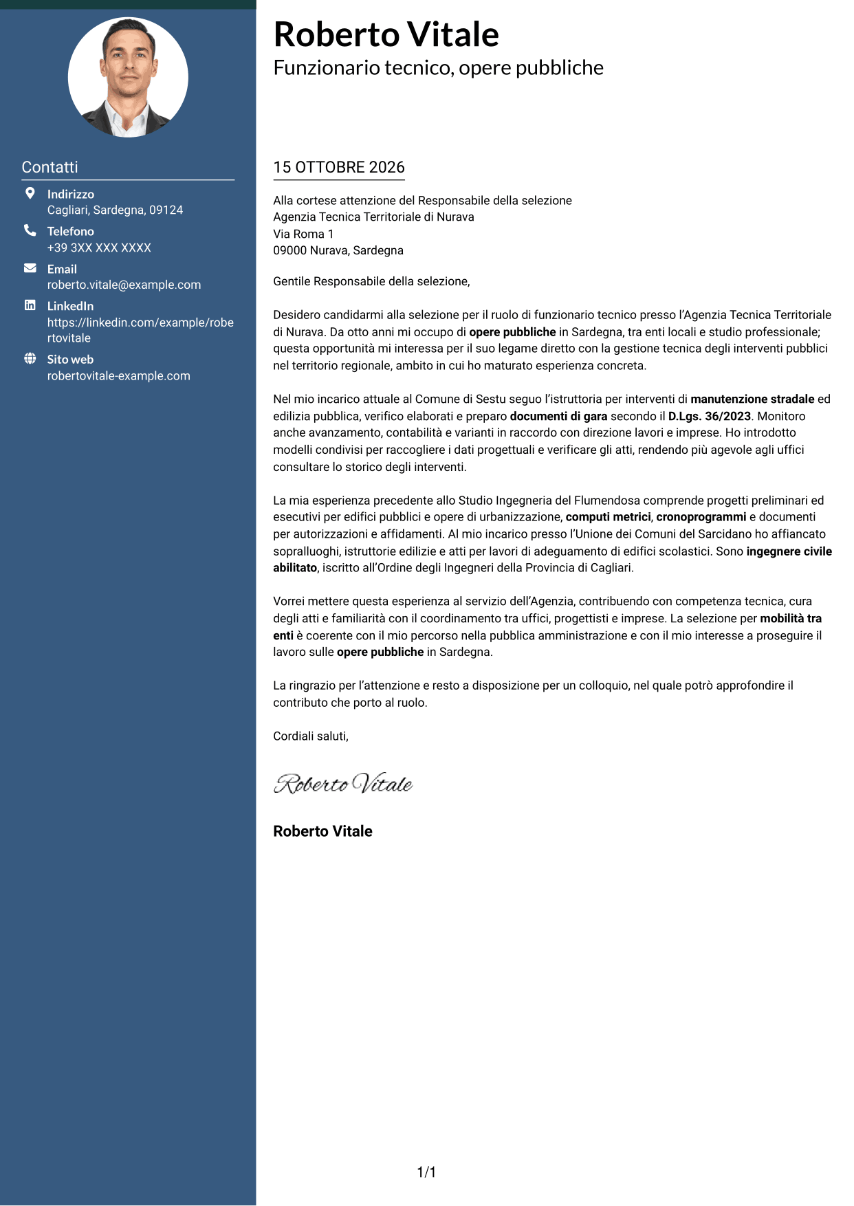 Lettera di presentazione Elegante (formato con colonna laterale colorata e foto): Funzionario Tecnico - Ingegneria e Architettura, pagina 1