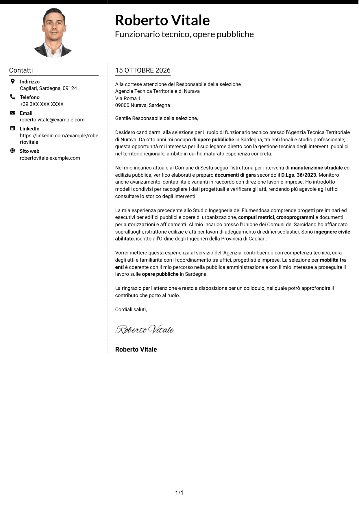 Lettera di presentazione Moderno (formato a due colonne con foto a sinistra e separatore): Funzionario Tecnico - Ingegneria e Architettura, pagina 1