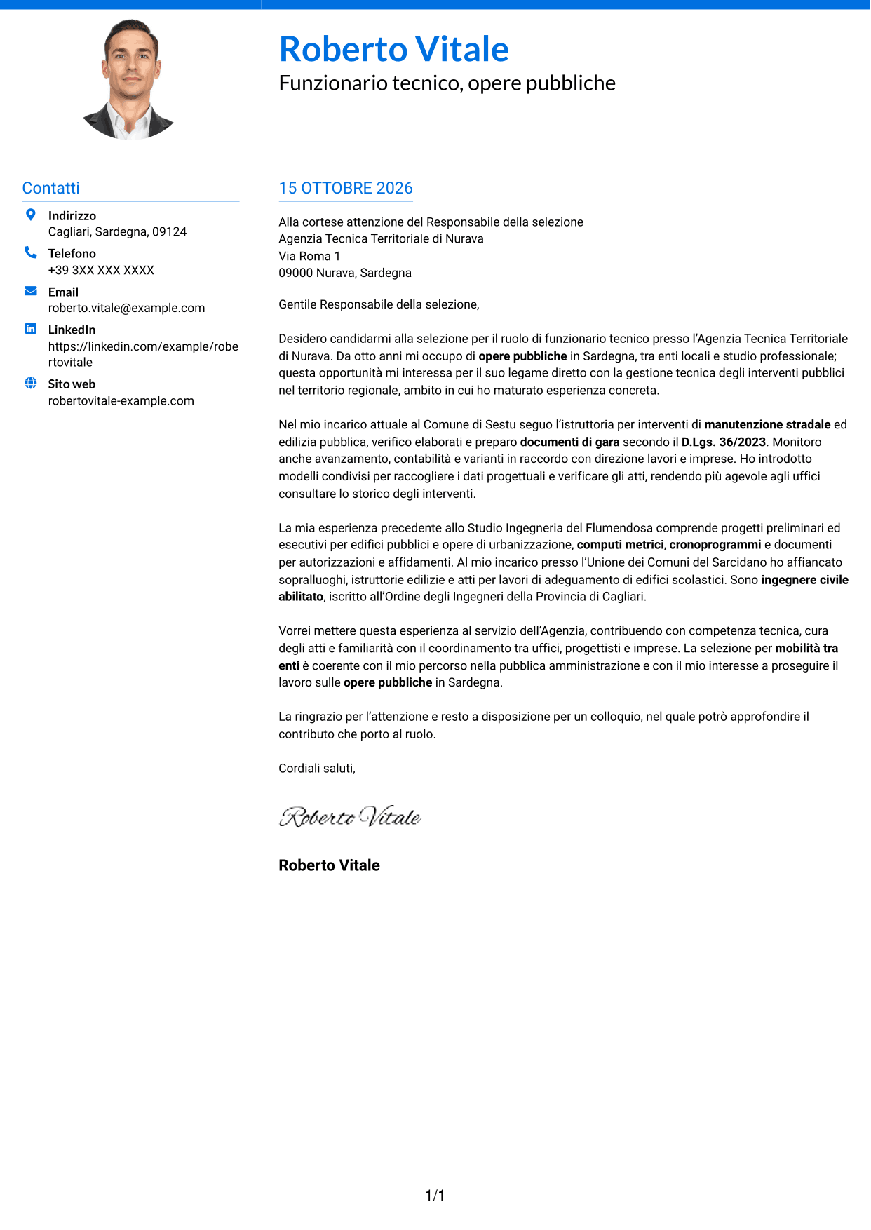 Lettera di presentazione Audace (formato a due colonne con accenti colorati e foto): Funzionario Tecnico - Ingegneria e Architettura, pagina 1