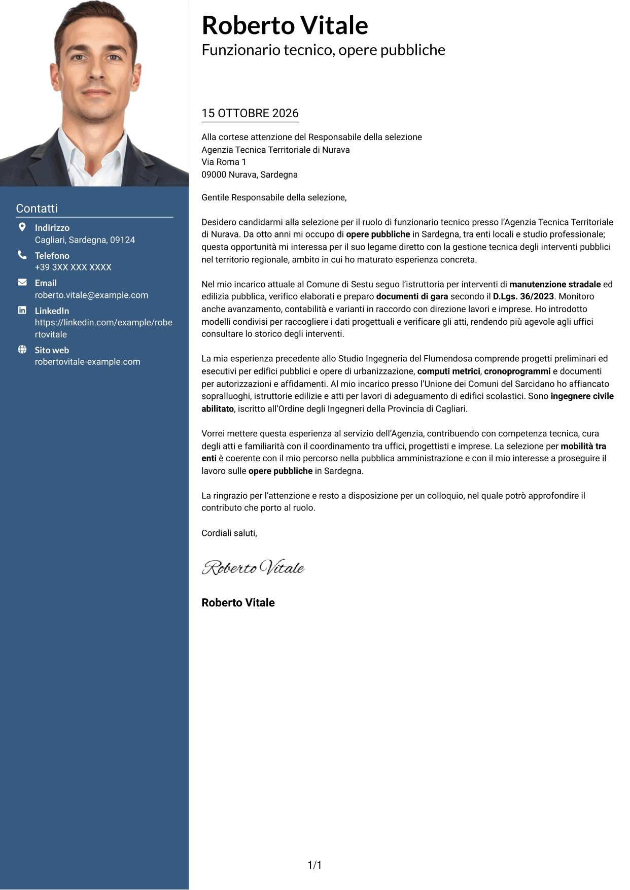 Lettera di presentazione Signature (formato con colonna laterale colorata e foto grande): Funzionario Tecnico - Ingegneria e Architettura, pagina 1