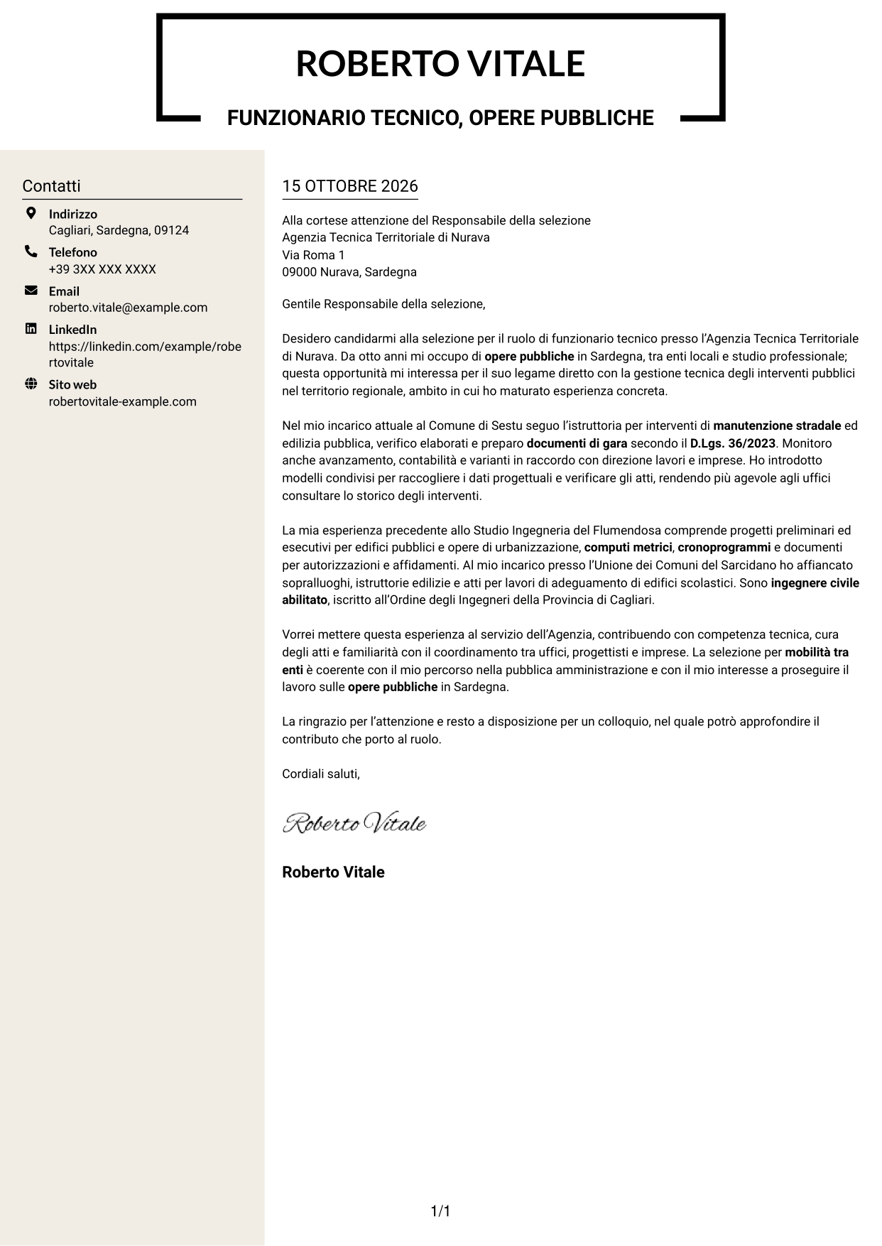Lettera di presentazione Intraprendente (formato a due colonne con intestazione centrata senza foto): Funzionario Tecnico - Ingegneria e Architettura, pagina 1