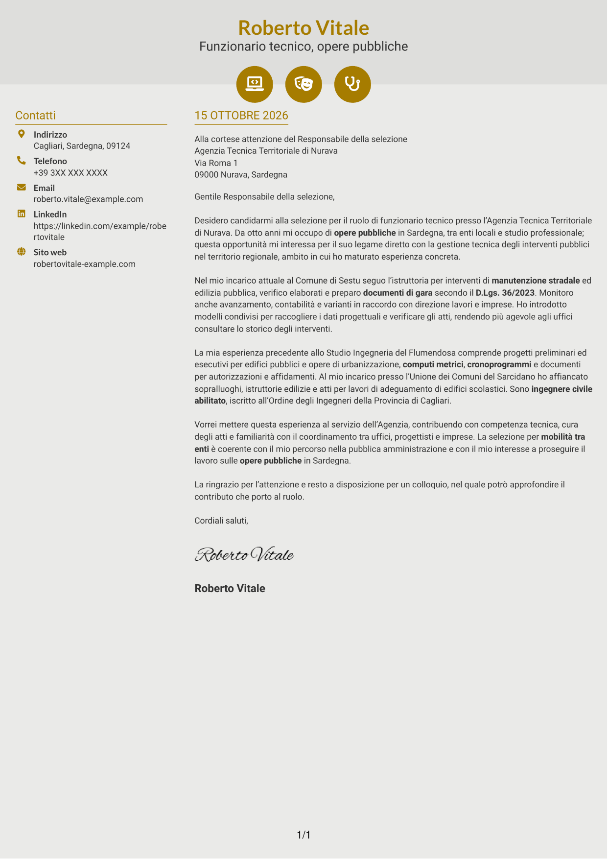 Lettera di presentazione Dinamico (formato a due colonne con icone): Funzionario Tecnico - Ingegneria e Architettura, pagina 1