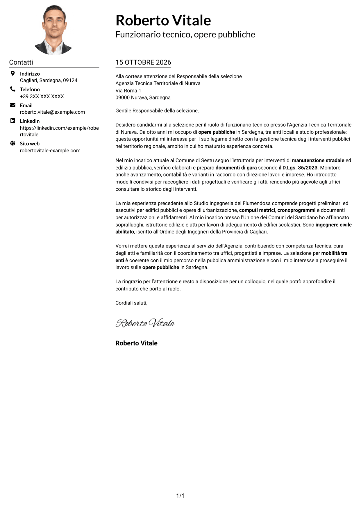 Esempio di lettera di presentazione — pagina 1