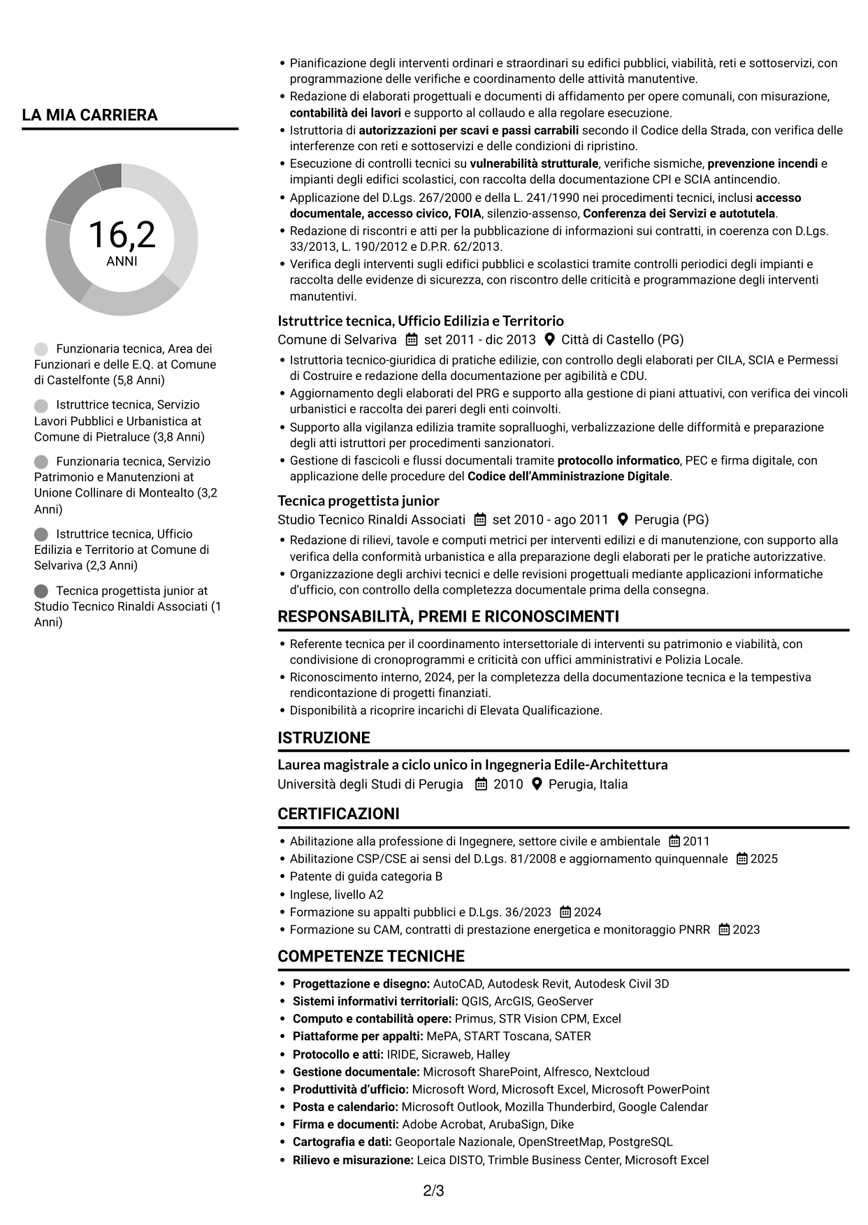 CV Compatto (formato sobrio a due colonne con foto): Funzionario tecnico - Lavori pubblici, pagina 2