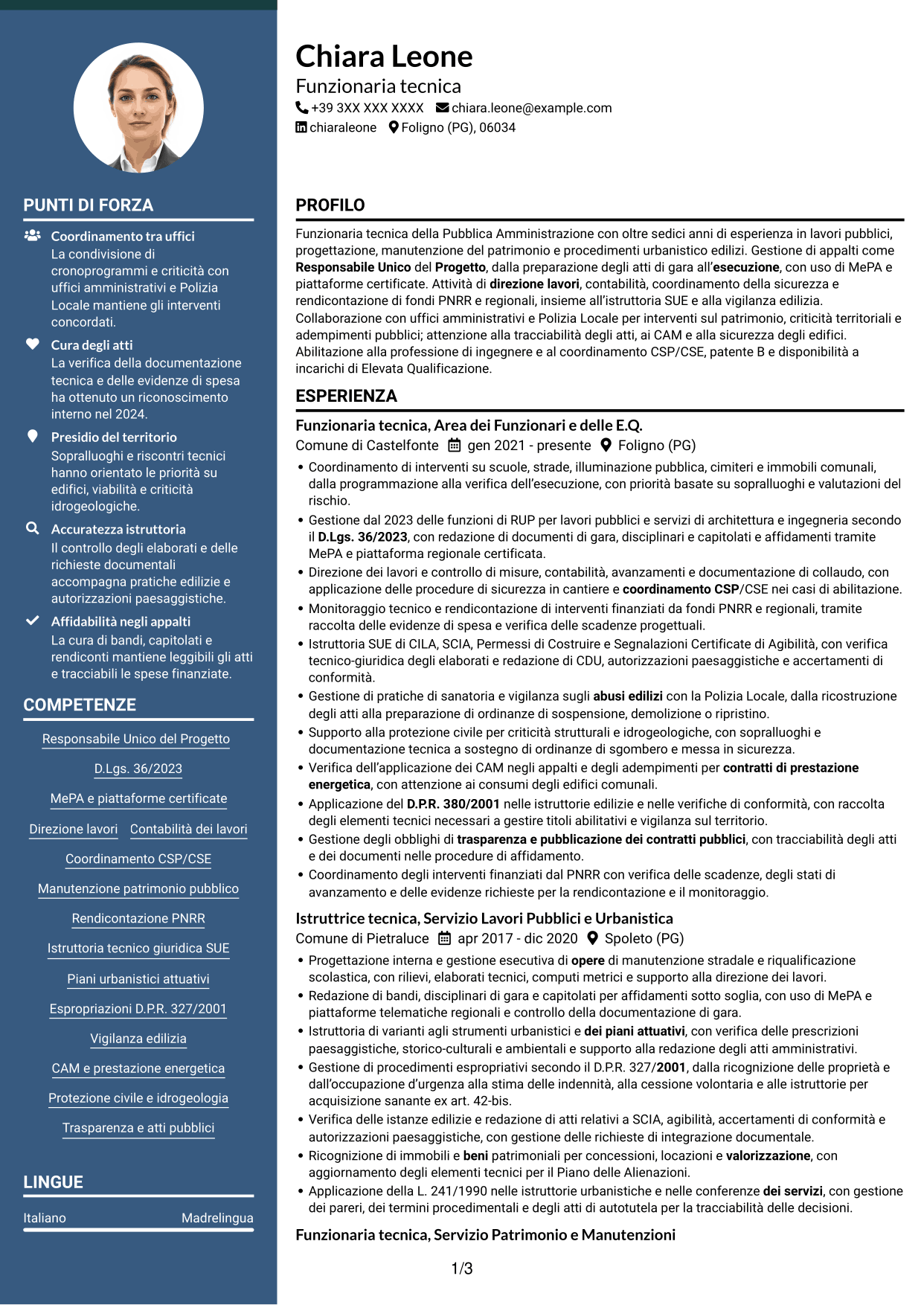 CV Elegante (formato con colonna laterale colorata e foto): Funzionario tecnico - Lavori pubblici, pagina 1