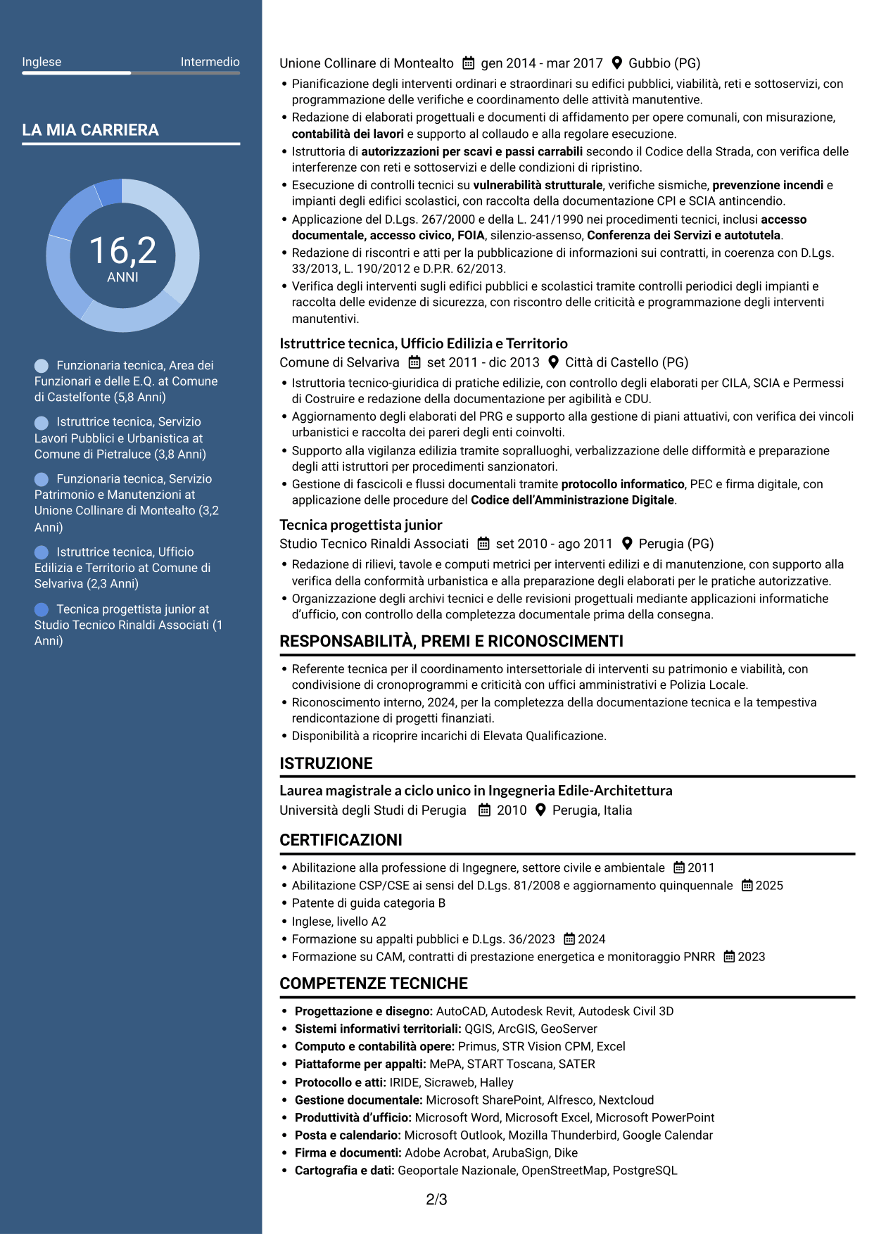 CV Elegante (formato con colonna laterale colorata e foto): Funzionario tecnico - Lavori pubblici, pagina 2