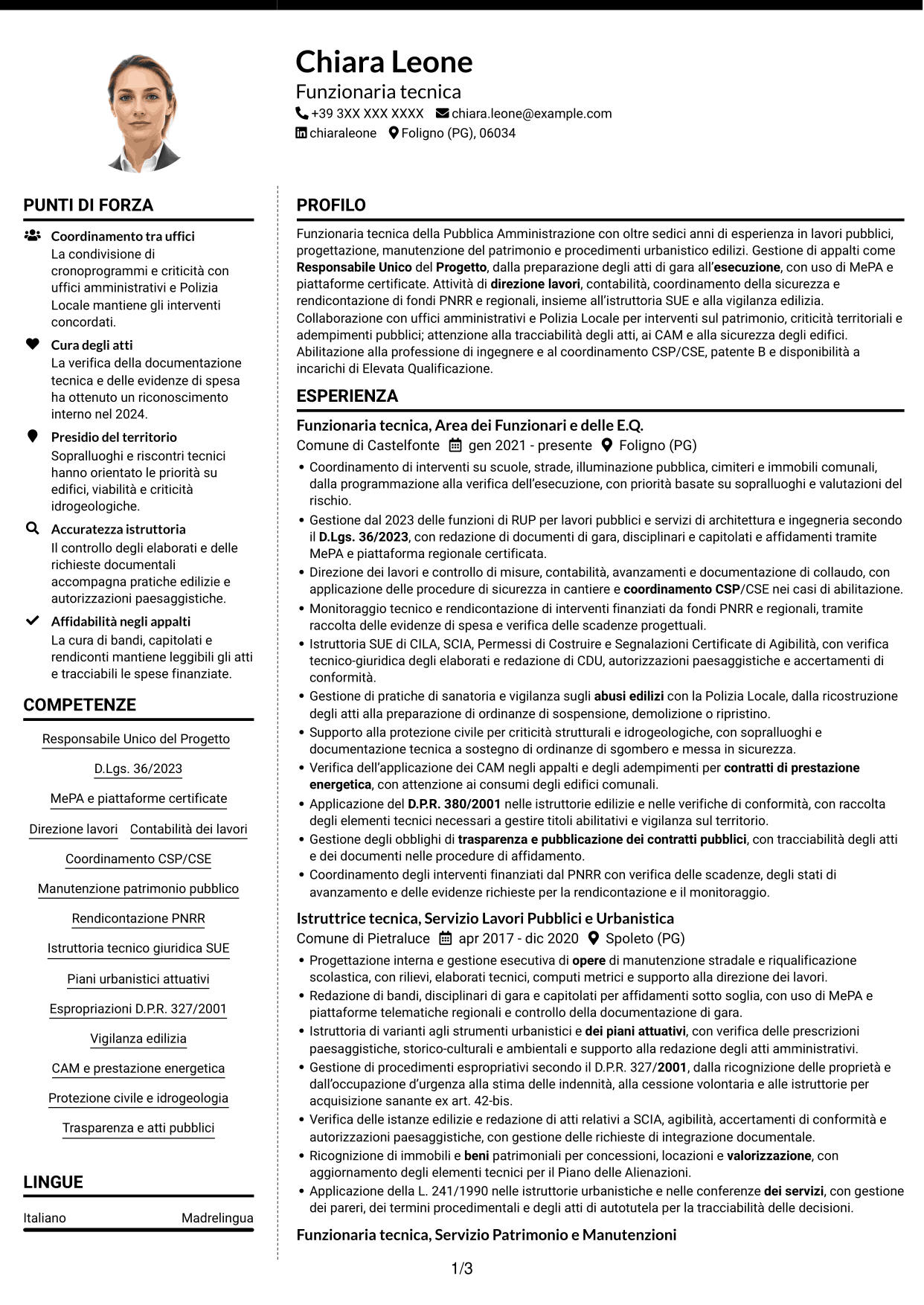 CV Moderno (formato a due colonne con foto a sinistra e separatore): Funzionario tecnico - Lavori pubblici, pagina 1