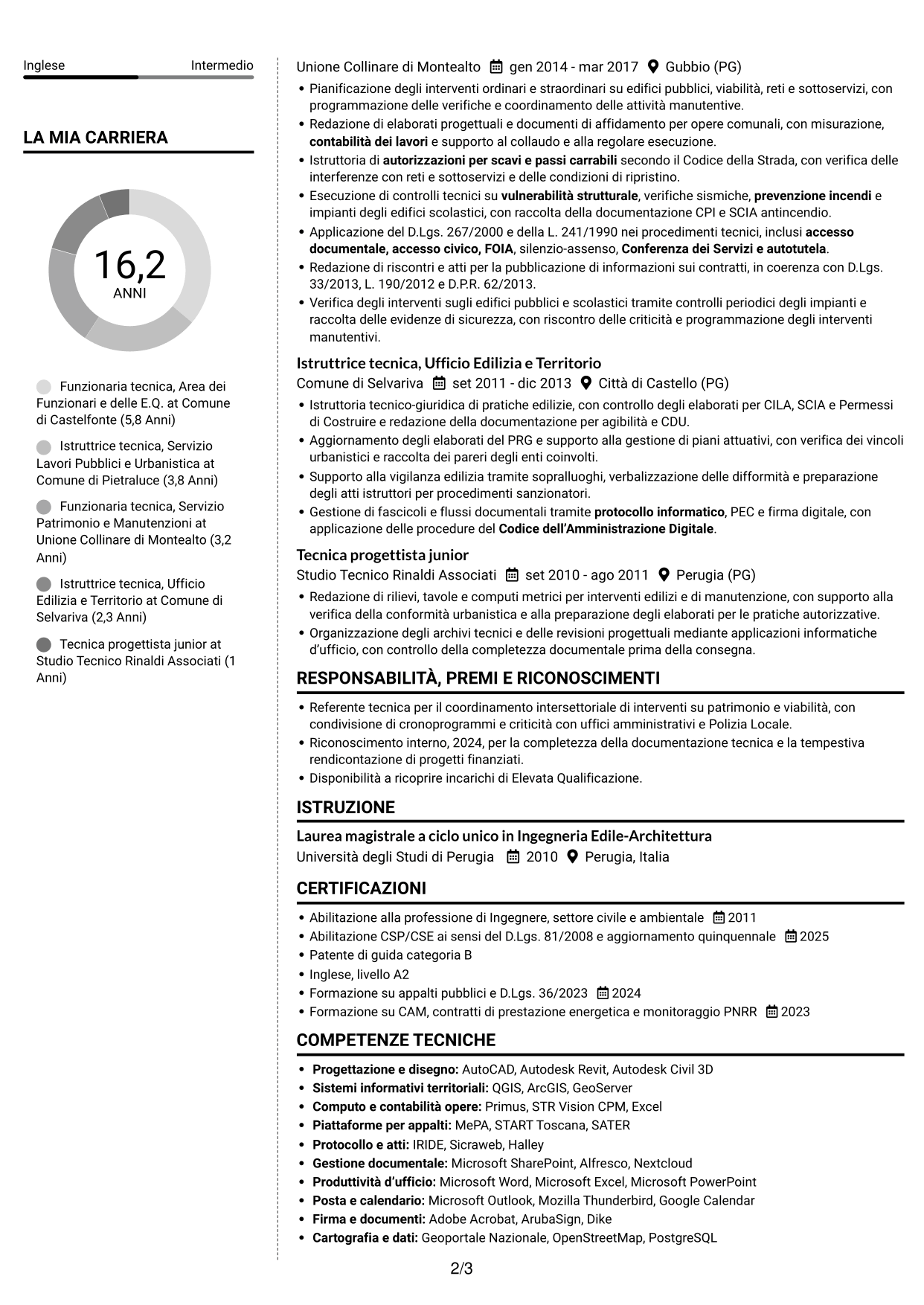 CV Moderno (formato a due colonne con foto a sinistra e separatore): Funzionario tecnico - Lavori pubblici, pagina 2