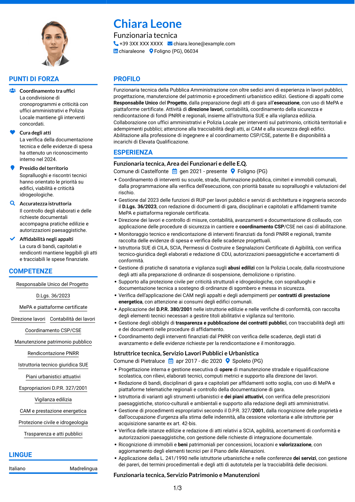 CV Audace (formato a due colonne con accenti colorati e foto): Funzionario tecnico - Lavori pubblici, pagina 1