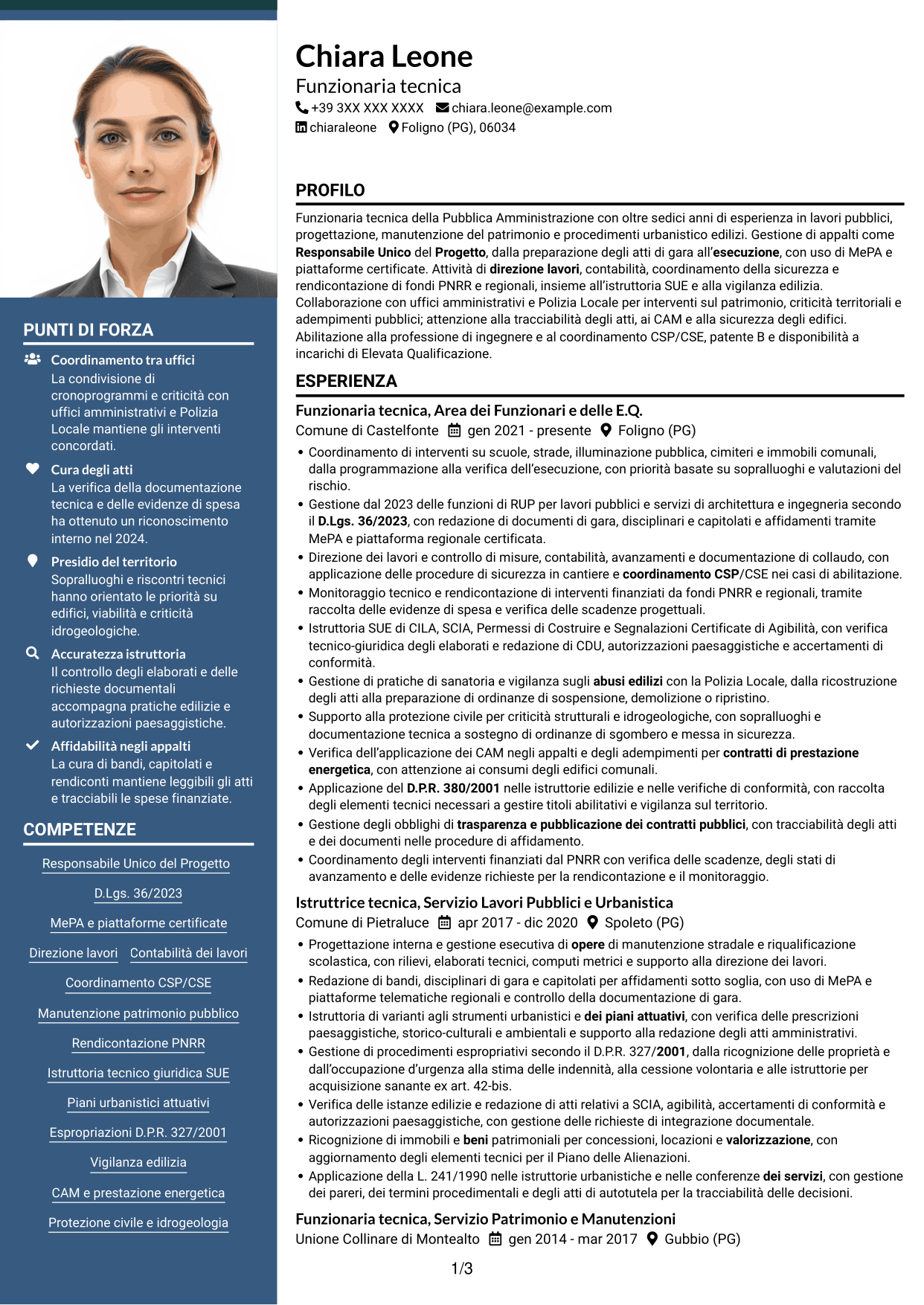 CV Signature (formato con colonna laterale colorata e foto grande): Funzionario tecnico - Lavori pubblici, pagina 1