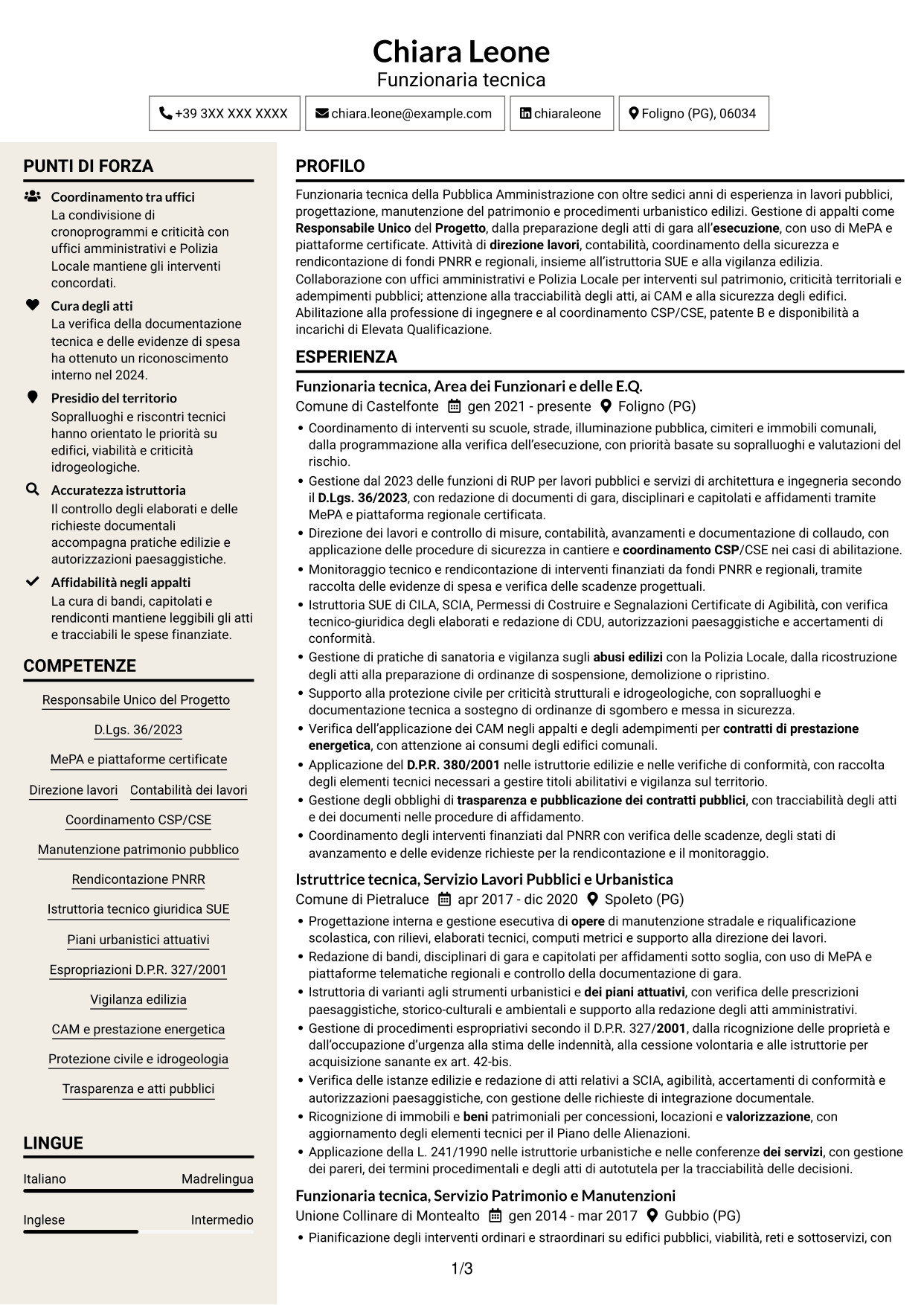 CV Intraprendente (formato a due colonne con intestazione centrata senza foto): Funzionario tecnico - Lavori pubblici, pagina 1