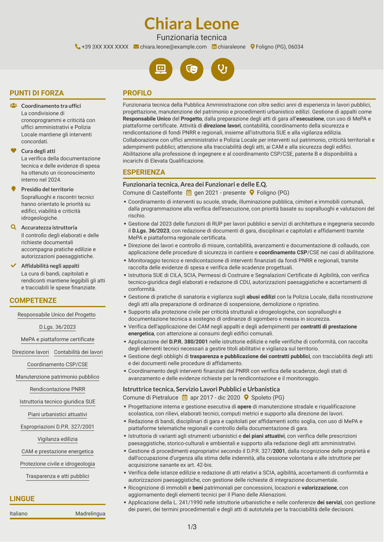 CV Dinamico (formato a due colonne con icone): Funzionario tecnico - Lavori pubblici, pagina 1