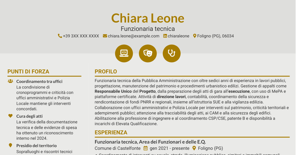 7 modelli di CV per Funzionario tecnico - Lavori pubblici, con esempi