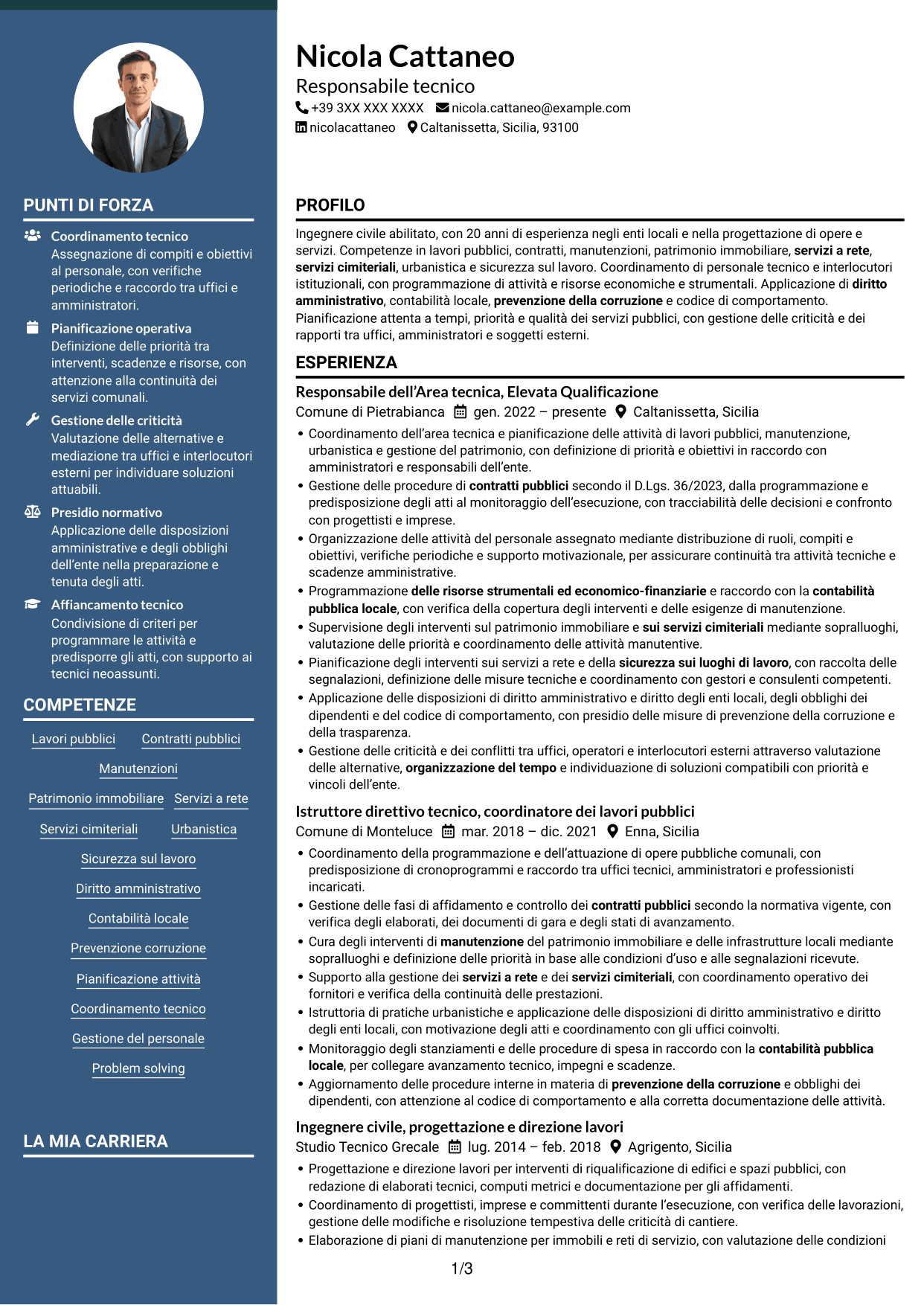 CV Elegante (formato con colonna laterale colorata e foto): Funzionario tecnico - Lavori pubblici e patrimonio, pagina 1
