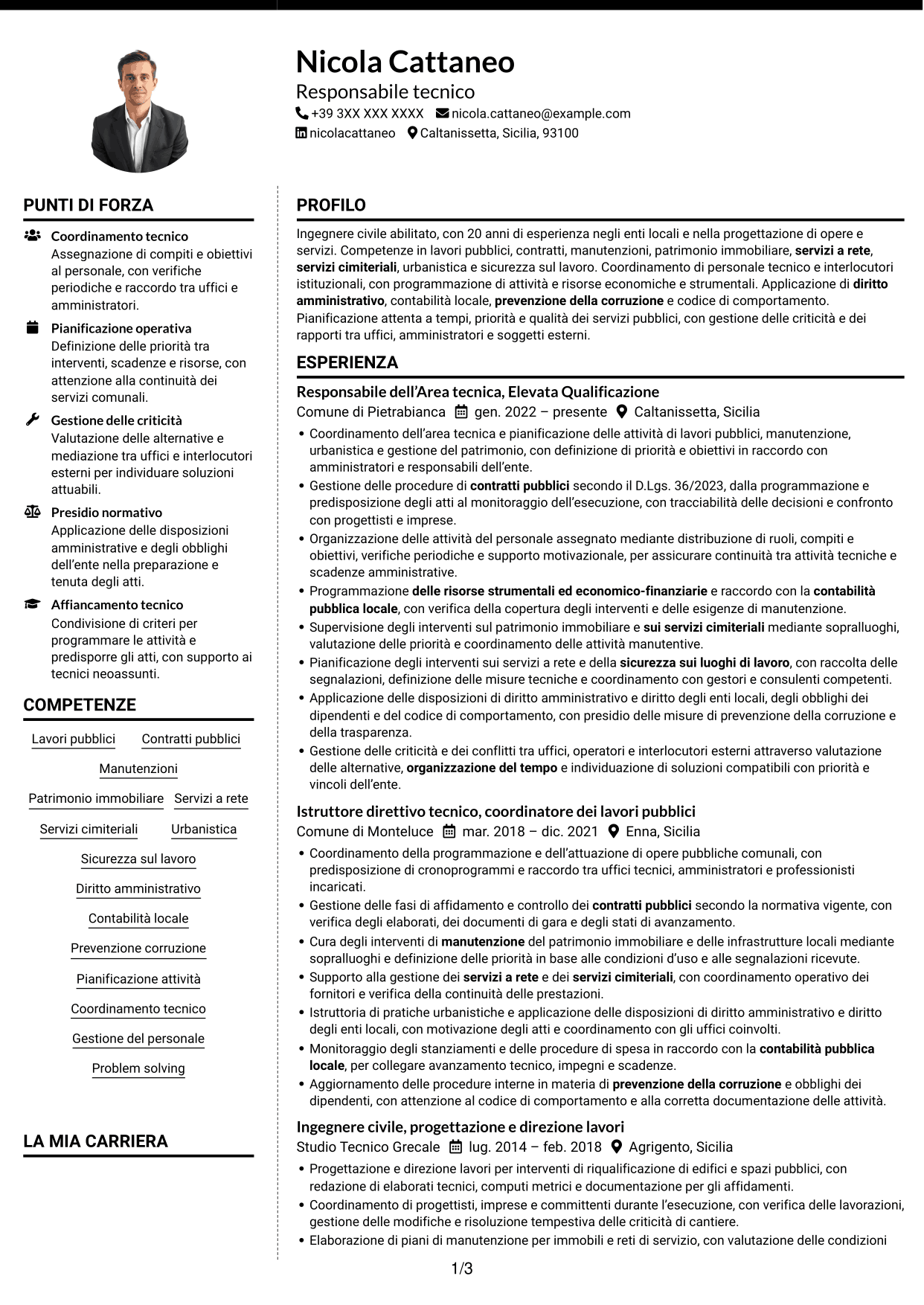 CV Moderno (formato a due colonne con foto a sinistra e separatore): Funzionario tecnico - Lavori pubblici e patrimonio, pagina 1