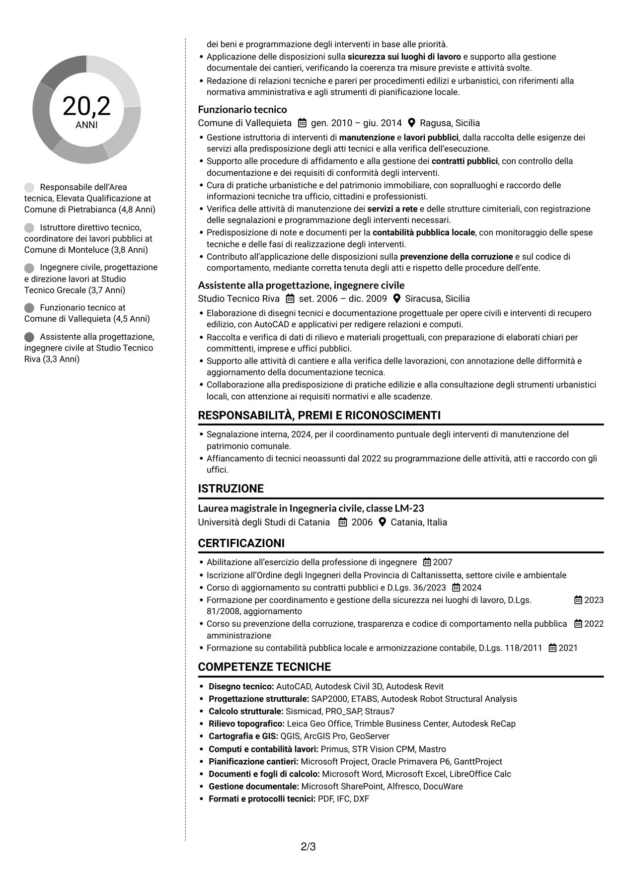 CV Moderno (formato a due colonne con foto a sinistra e separatore): Funzionario tecnico - Lavori pubblici e patrimonio, pagina 2