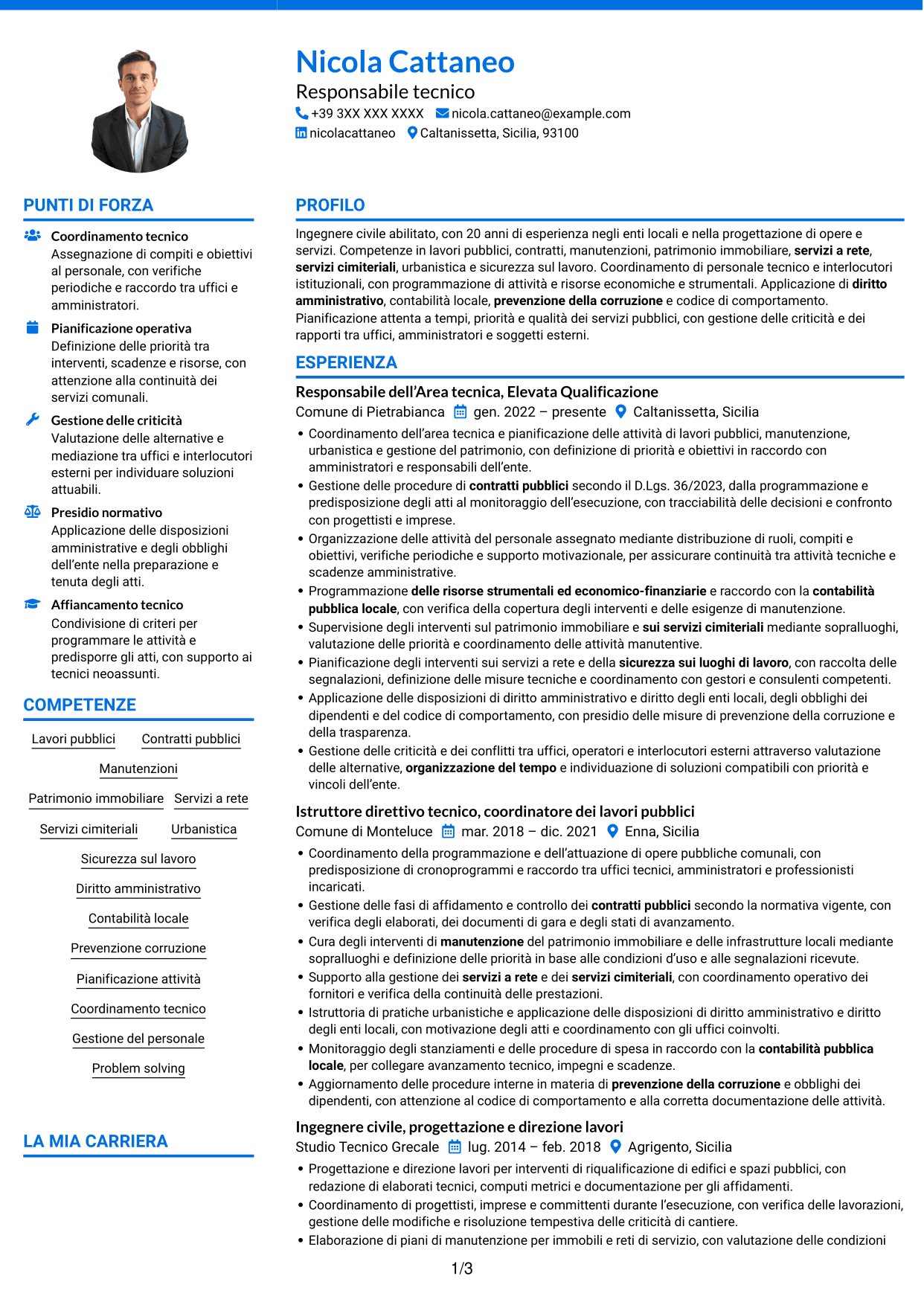 CV Audace (formato a due colonne con accenti colorati e foto): Funzionario tecnico - Lavori pubblici e patrimonio, pagina 1