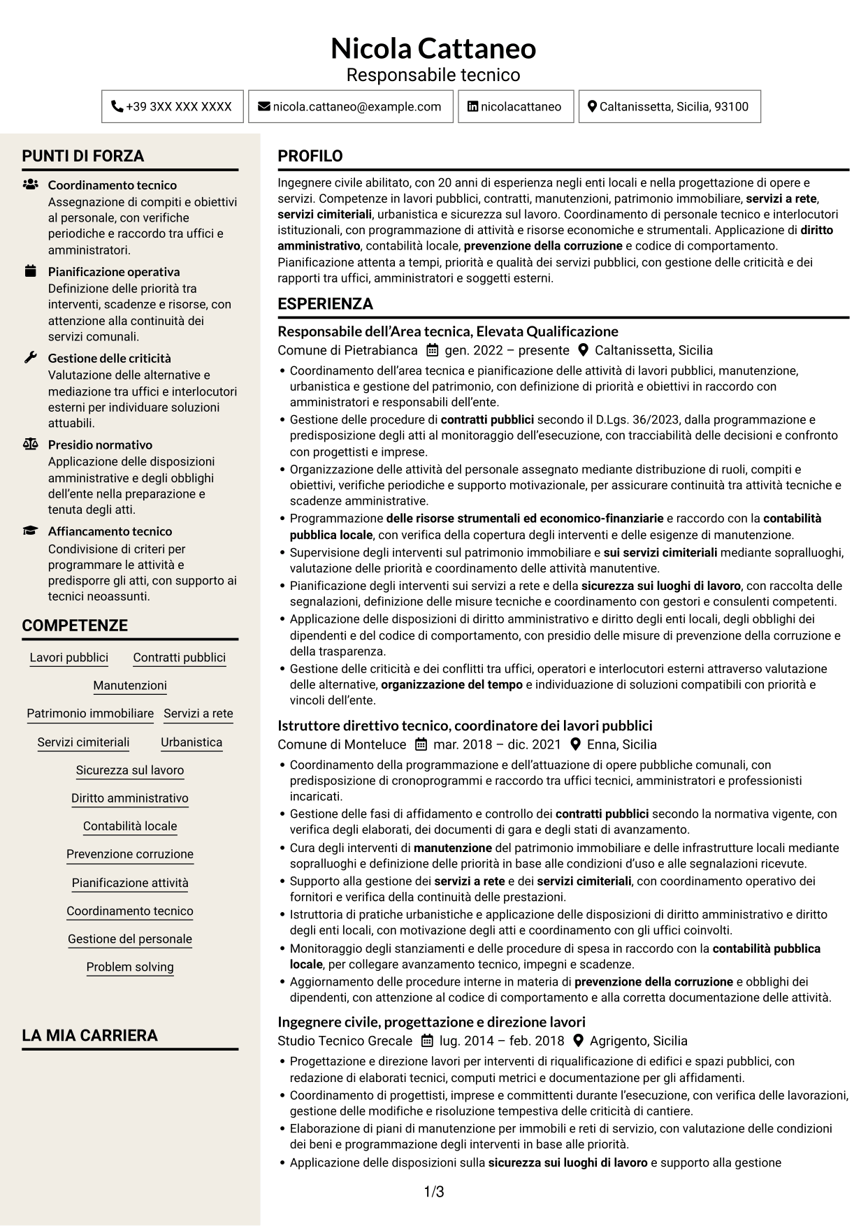 CV Intraprendente (formato a due colonne con intestazione centrata senza foto): Funzionario tecnico - Lavori pubblici e patrimonio, pagina 1