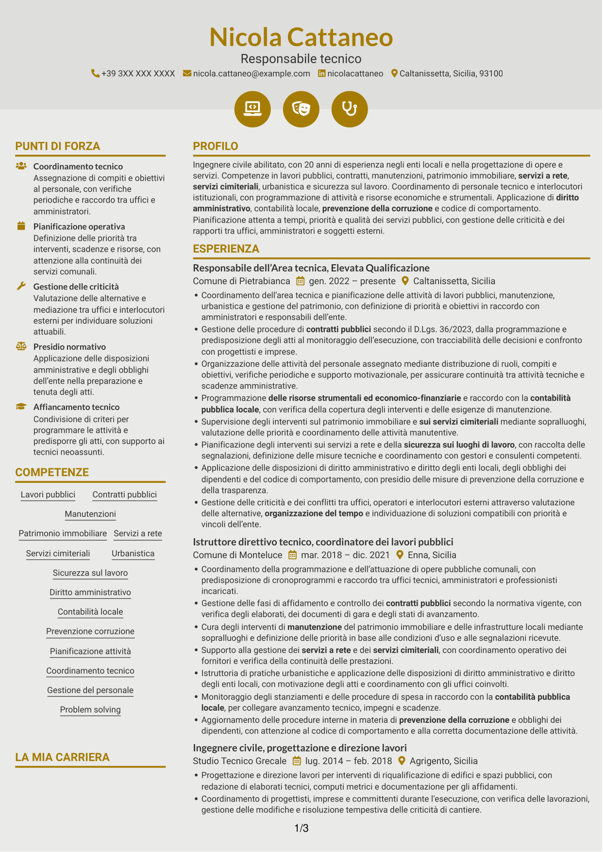 CV Dinamico (formato a due colonne con icone): Funzionario tecnico - Lavori pubblici e patrimonio, pagina 1