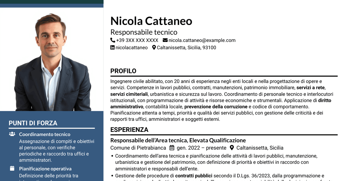 7 modelli di CV per Funzionario tecnico - Lavori pubblici e patrimonio, con esempi