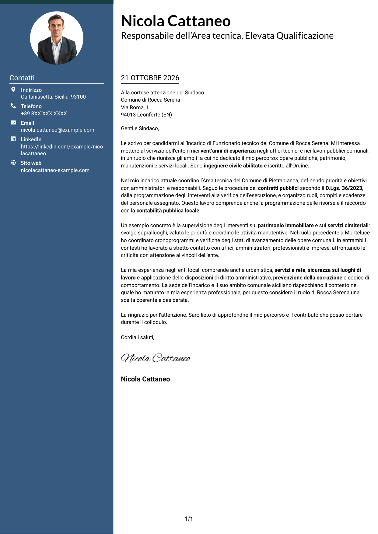 Lettera di presentazione Elegante (formato con colonna laterale colorata e foto): Funzionario tecnico - Lavori pubblici e patrimonio, pagina 1