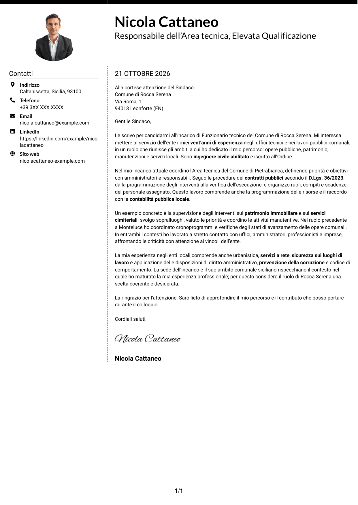 Lettera di presentazione Moderno (formato a due colonne con foto a sinistra e separatore): Funzionario tecnico - Lavori pubblici e patrimonio, pagina 1