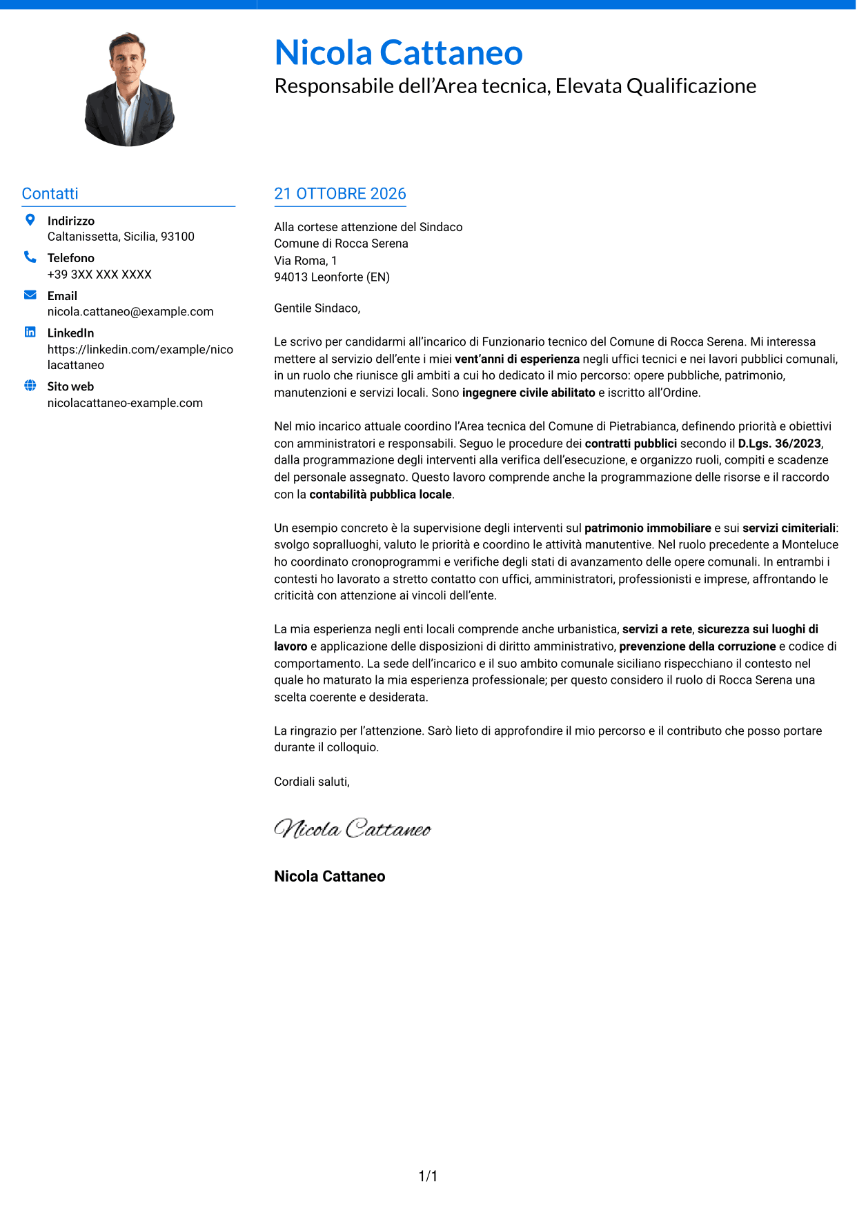Lettera di presentazione Audace (formato a due colonne con accenti colorati e foto): Funzionario tecnico - Lavori pubblici e patrimonio, pagina 1