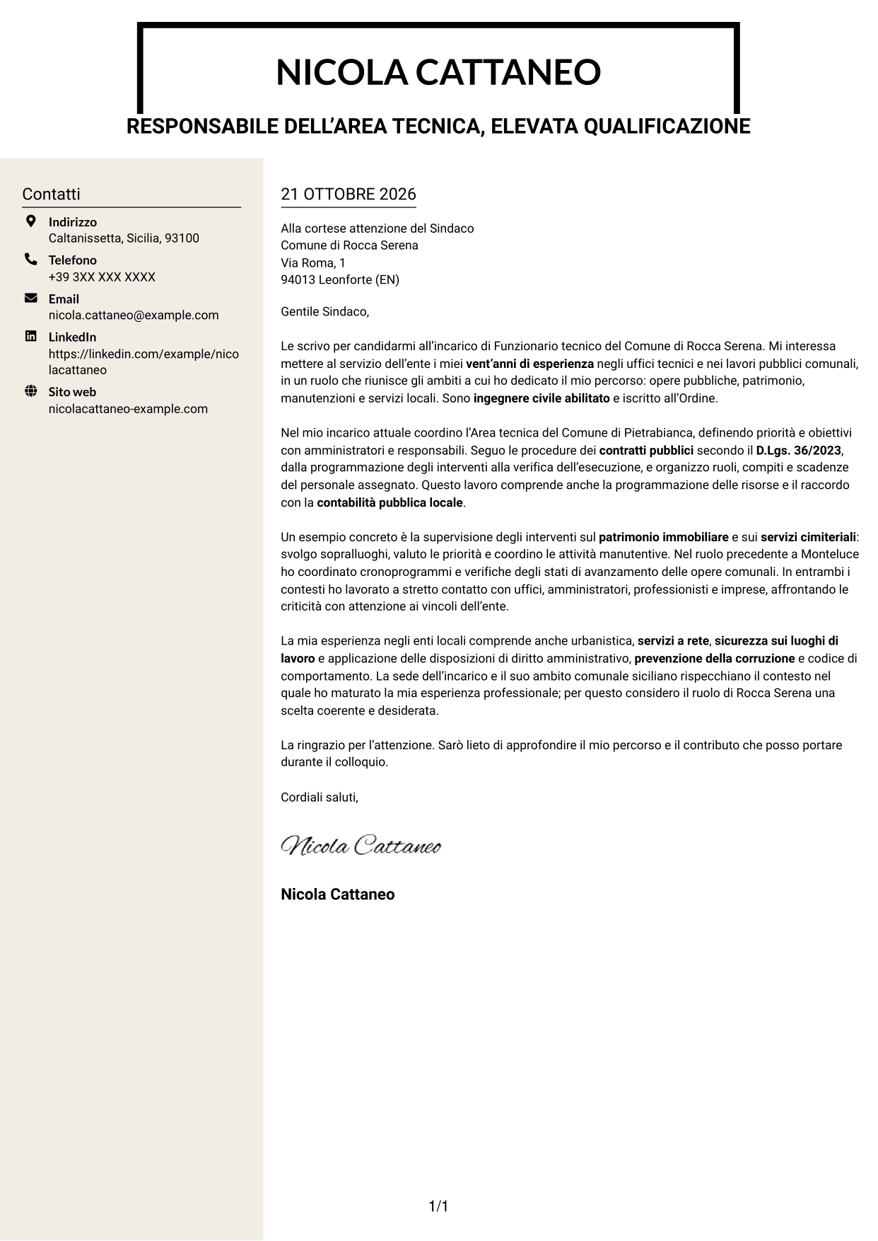 Lettera di presentazione Intraprendente (formato a due colonne con intestazione centrata senza foto): Funzionario tecnico - Lavori pubblici e patrimonio, pagina 1