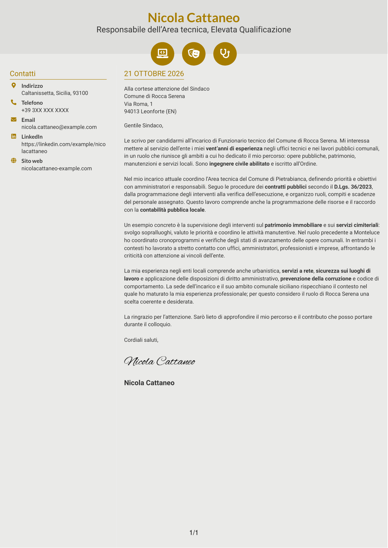 Lettera di presentazione Dinamico (formato a due colonne con icone): Funzionario tecnico - Lavori pubblici e patrimonio, pagina 1