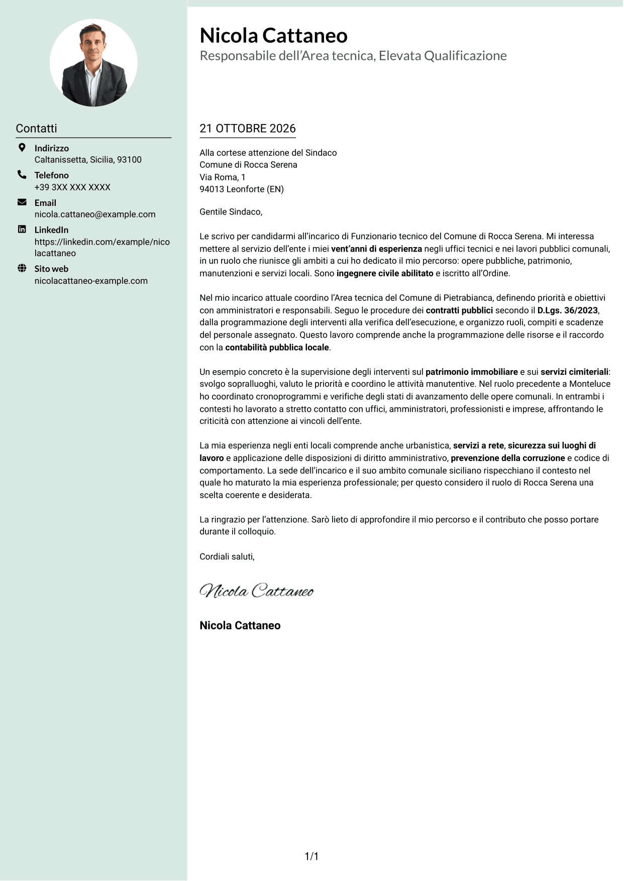 Lettera di presentazione Dirigente (formato con colonna laterale tenue e foto arrotondata): Funzionario tecnico - Lavori pubblici e patrimonio, pagina 1
