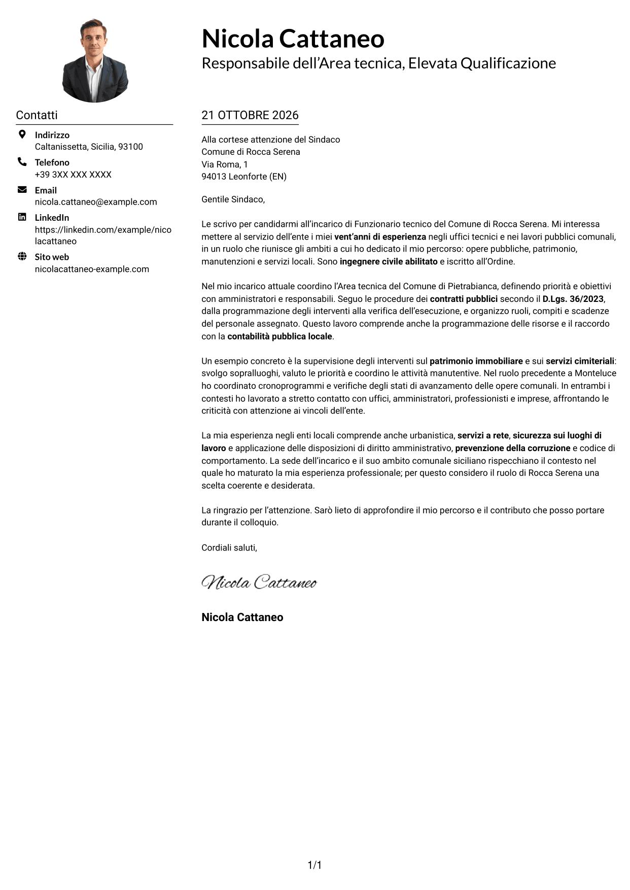 Esempio di lettera di presentazione — pagina 1