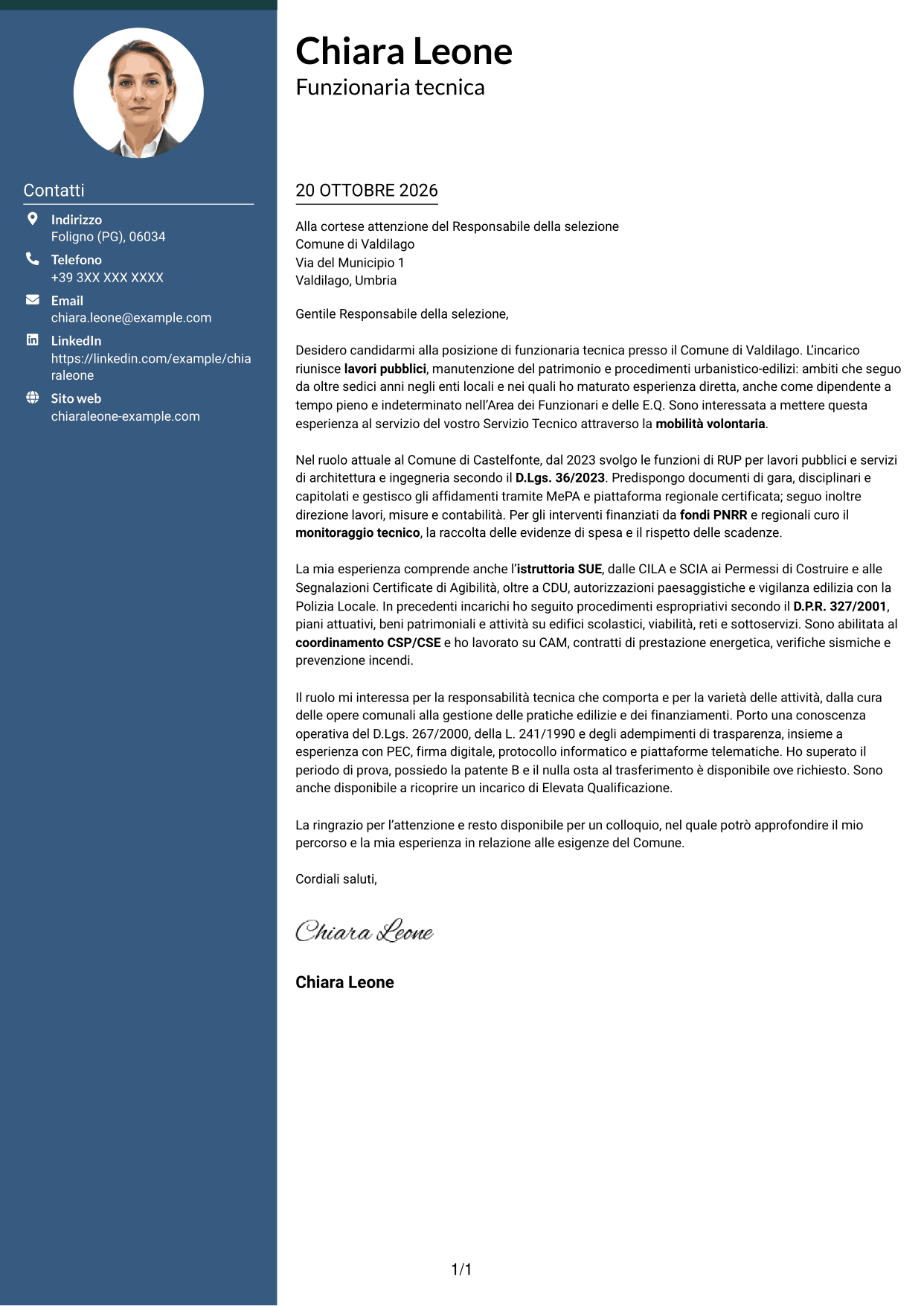 Lettera di presentazione Elegante (formato con colonna laterale colorata e foto): Funzionario tecnico - Lavori pubblici, pagina 1