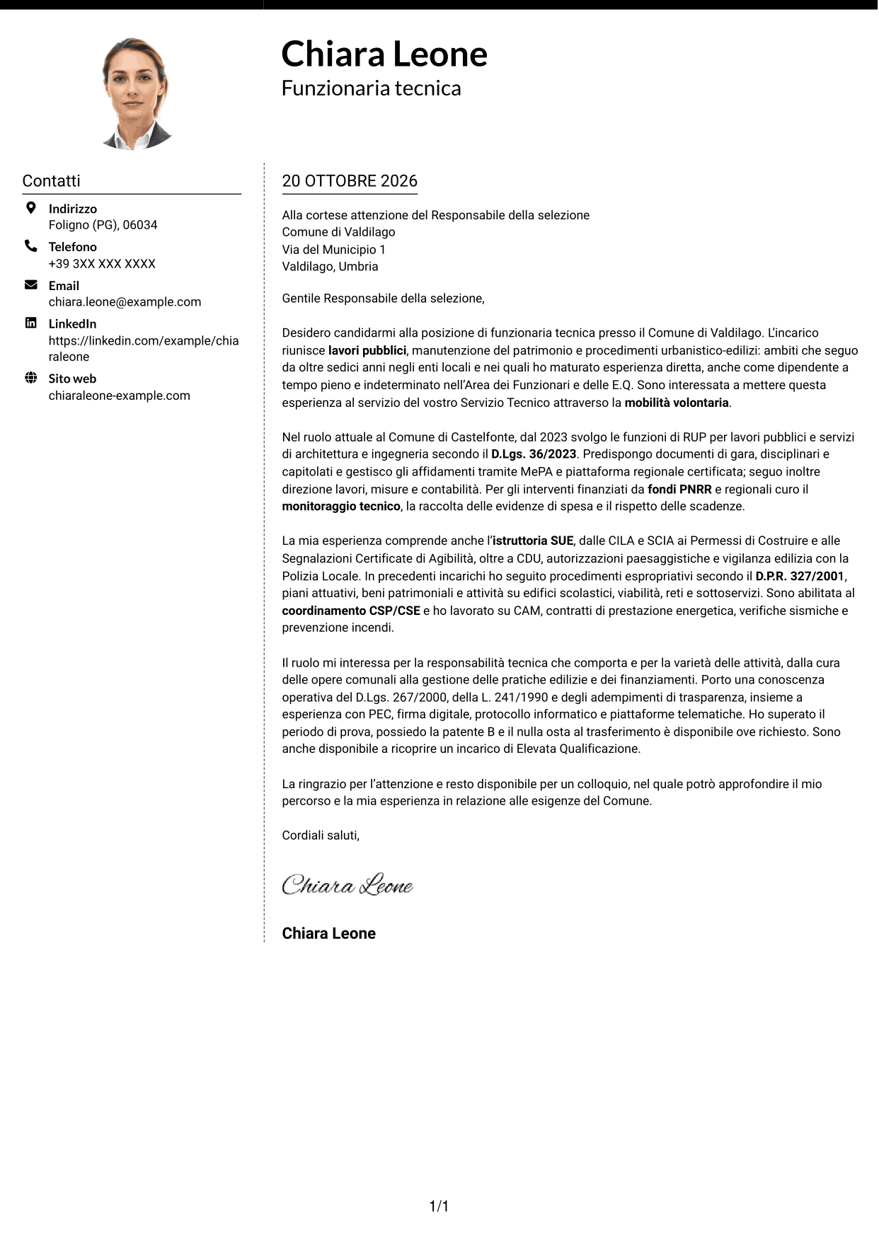 Lettera di presentazione Moderno (formato a due colonne con foto a sinistra e separatore): Funzionario tecnico - Lavori pubblici, pagina 1