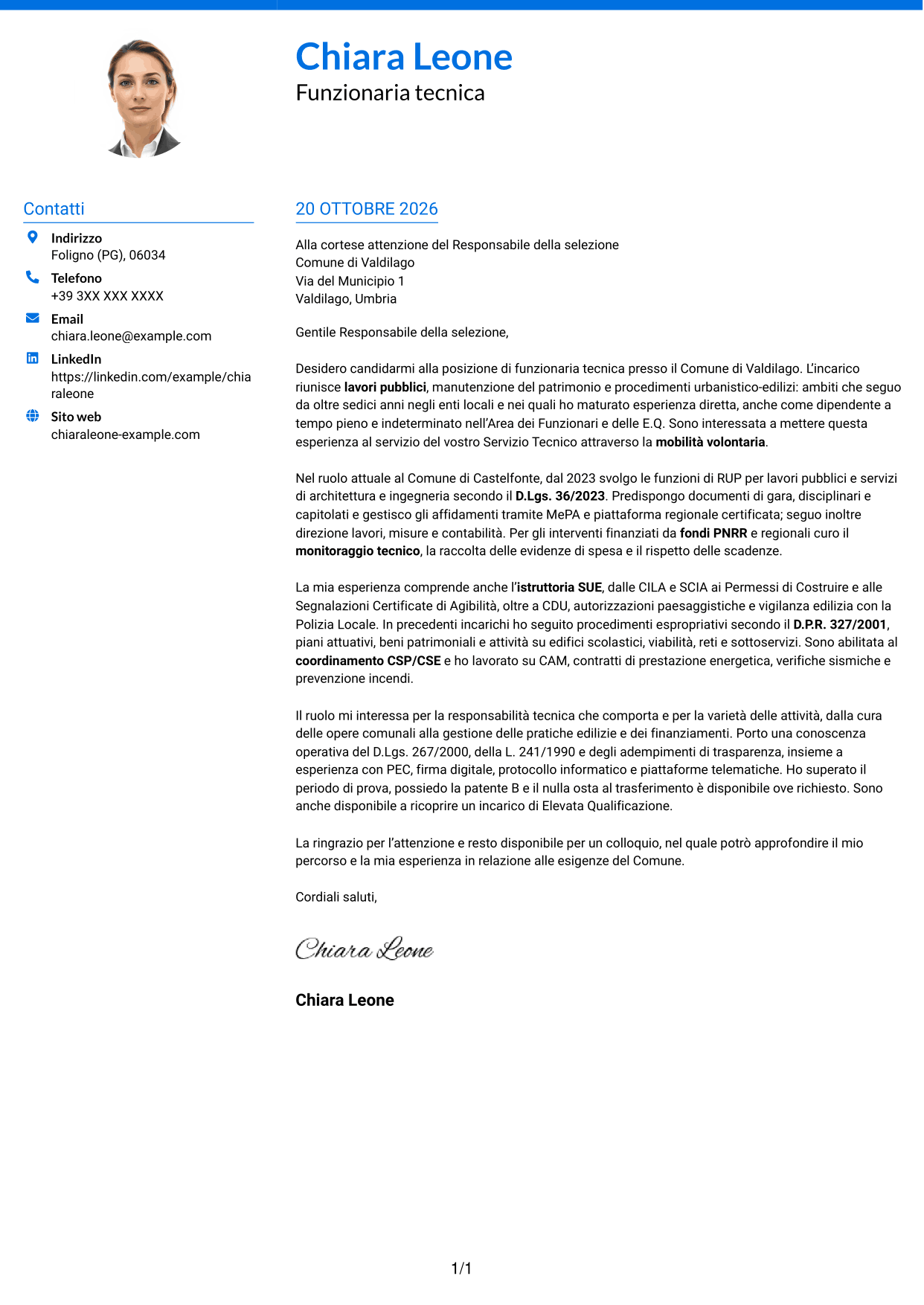 Lettera di presentazione Audace (formato a due colonne con accenti colorati e foto): Funzionario tecnico - Lavori pubblici, pagina 1