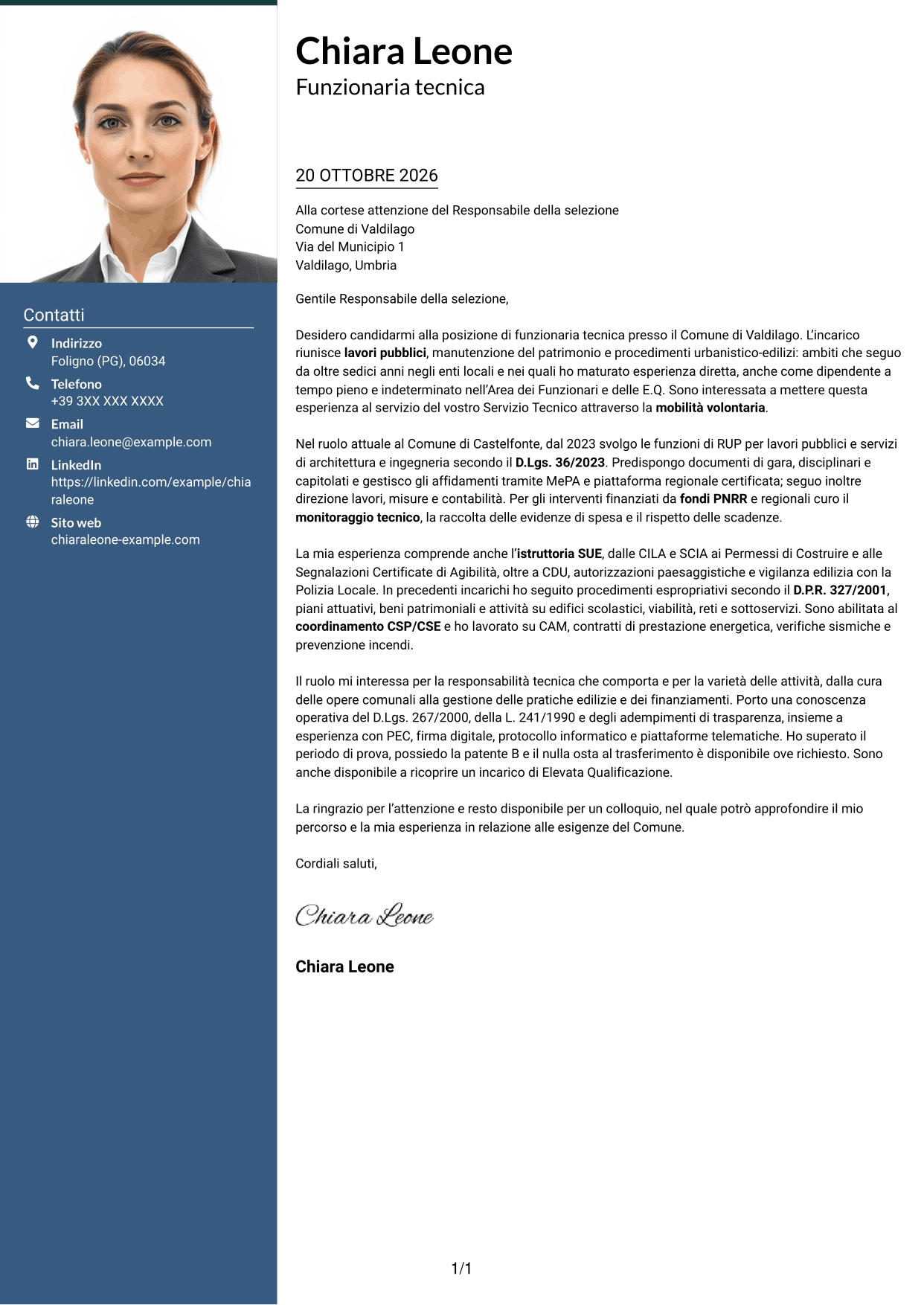 Lettera di presentazione Signature (formato con colonna laterale colorata e foto grande): Funzionario tecnico - Lavori pubblici, pagina 1