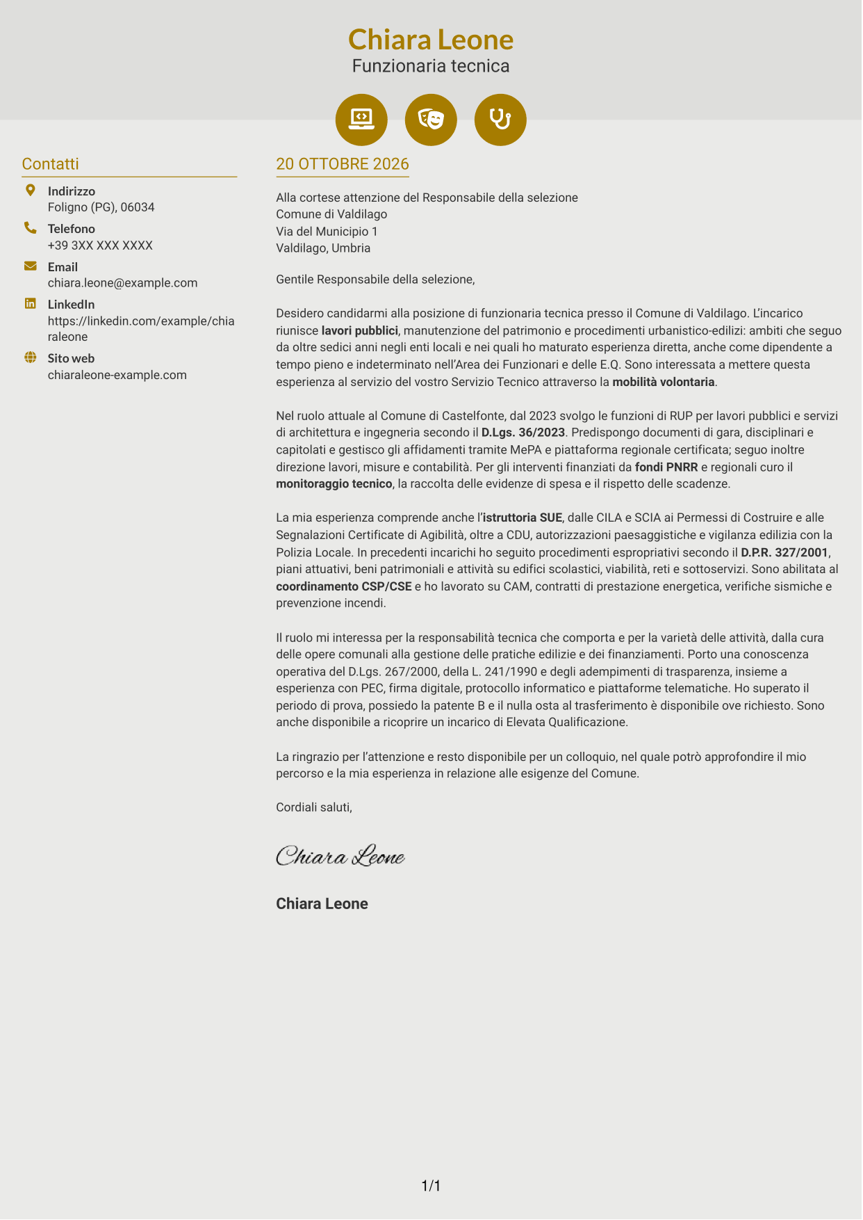 Lettera di presentazione Dinamico (formato a due colonne con icone): Funzionario tecnico - Lavori pubblici, pagina 1