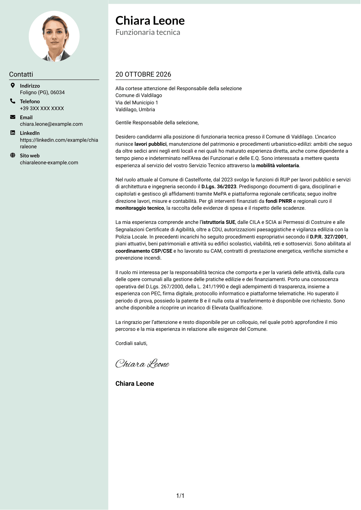 Lettera di presentazione Dirigente (formato con colonna laterale tenue e foto arrotondata): Funzionario tecnico - Lavori pubblici, pagina 1