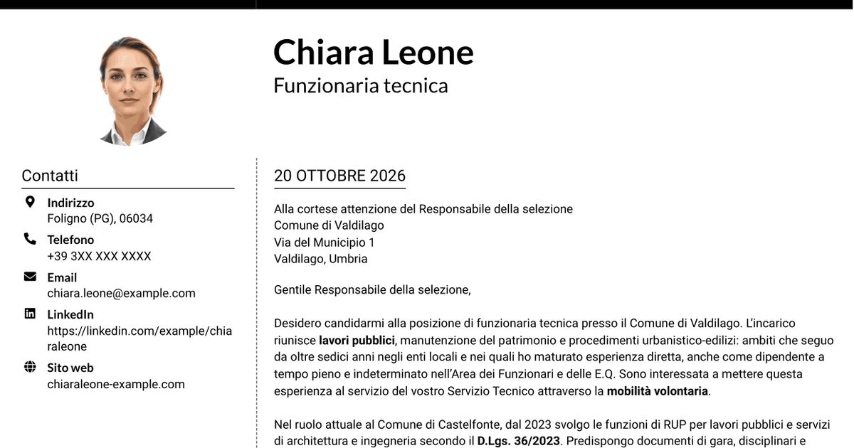 7 modelli di lettera di presentazione per Funzionario tecnico - Lavori pubblici, con esempi
